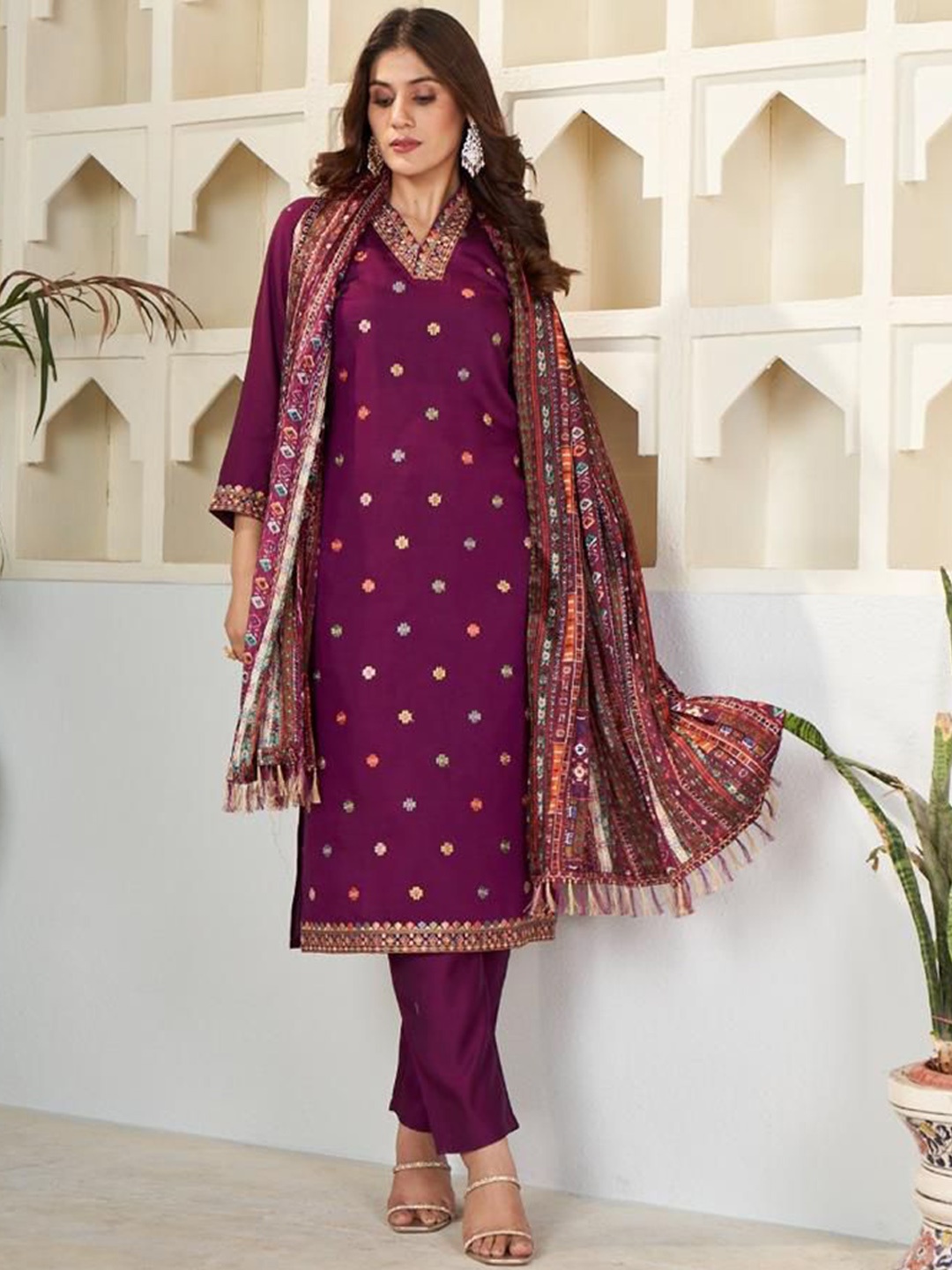 

ZIBLON Ethnic Motifs Embroidered V-Neck Straight Kurta With Trousers & Dupatta, Purple