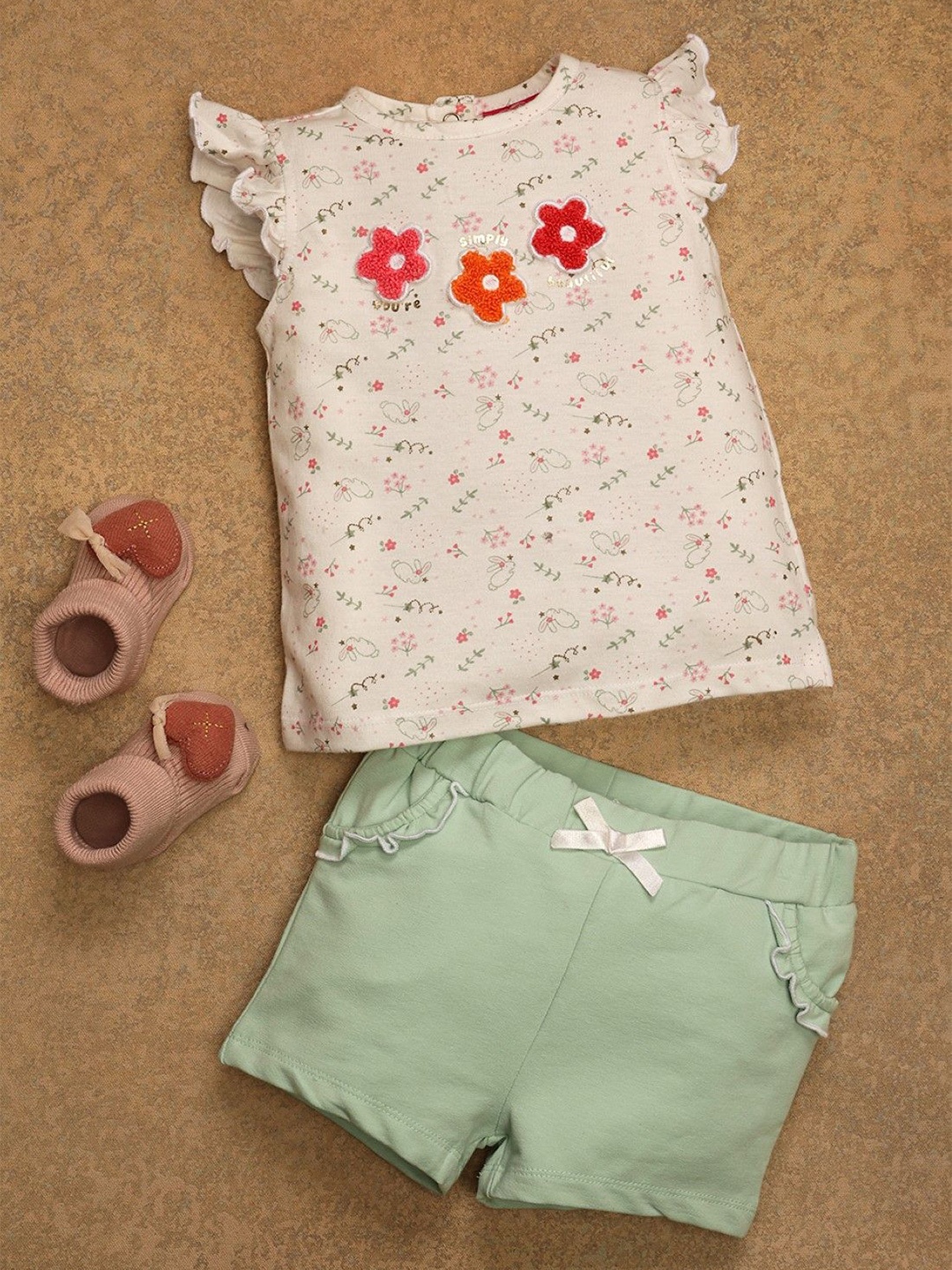 

One Friday Girls Floral Printed Pure Cotton Top with Shorts, White