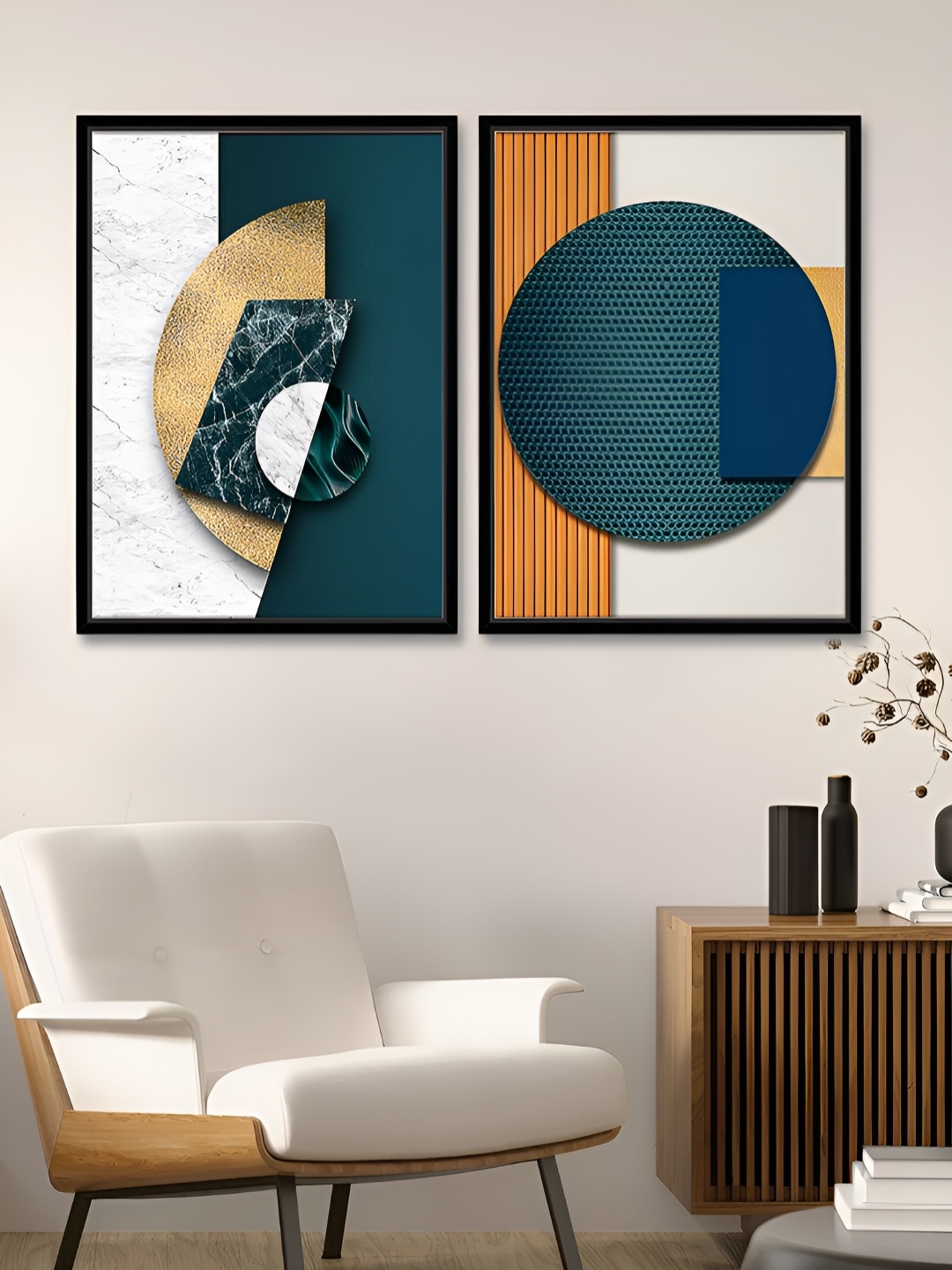 

Myntra Elegant Homes Ana Rut Bre White & Teal 2 Piece Abstract Printed Canvas Wall Art