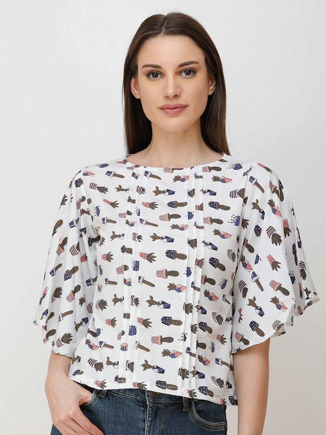 

Moda Rapido Animal Print Flared Sleeve Crepe Top, White