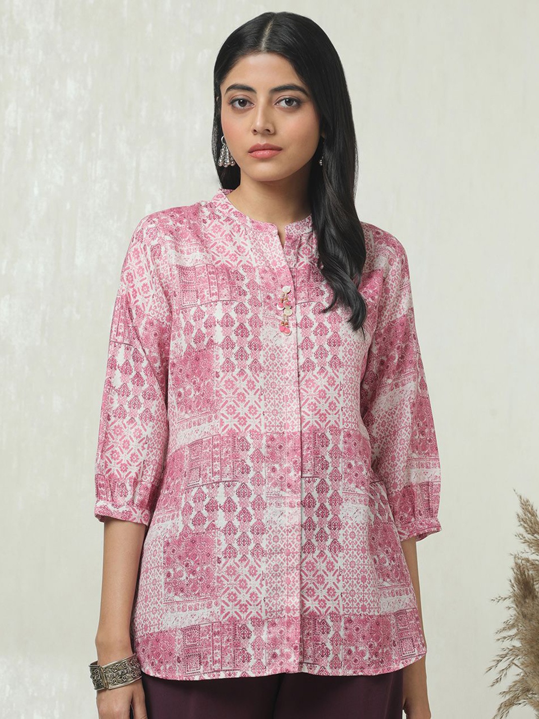 

Soch Linen Mandarin Collar Printed Tunic, Pink