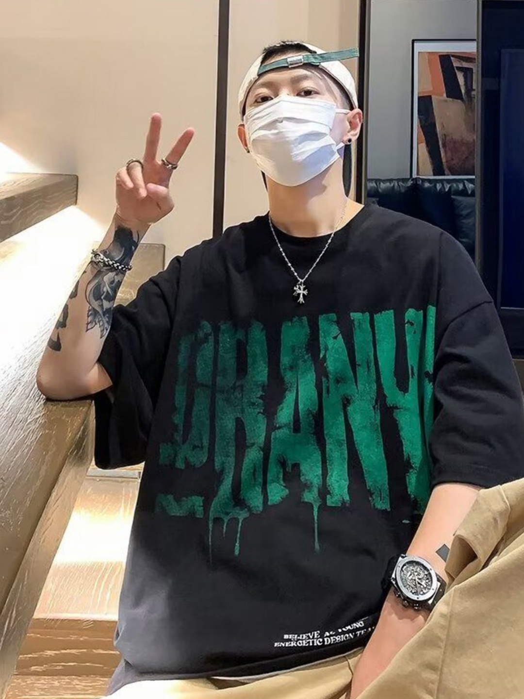 

HERE&NOW Men Typography Printed Round Neck Oversized T-shirt, Black