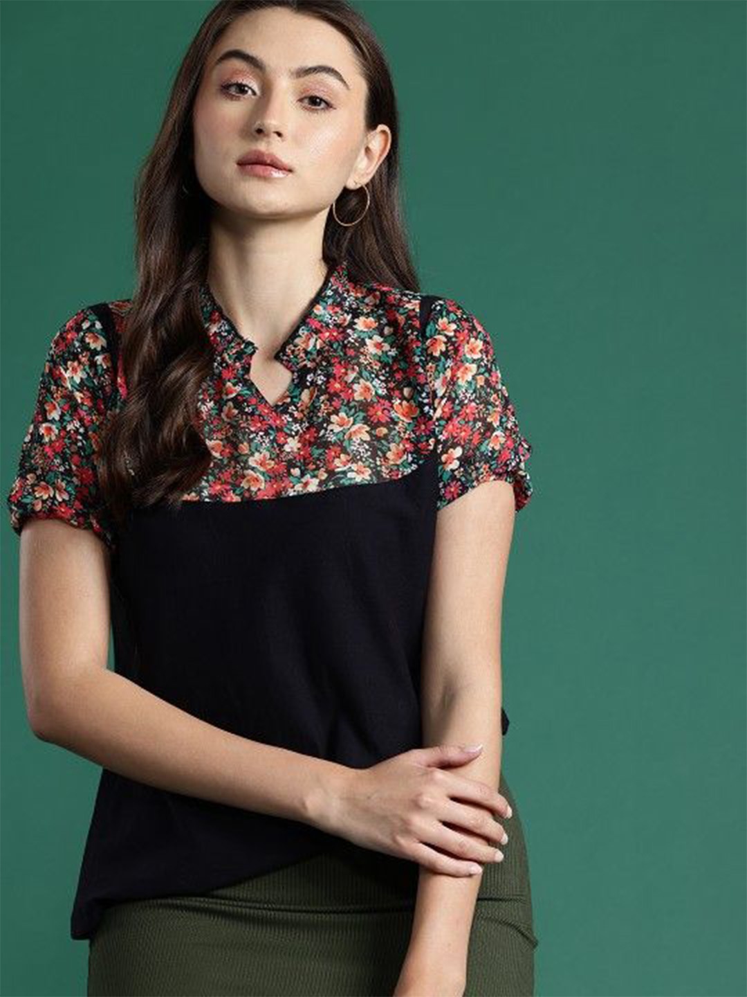

DressBerry Floral Print Mandarin Collar Cotton Top, Black