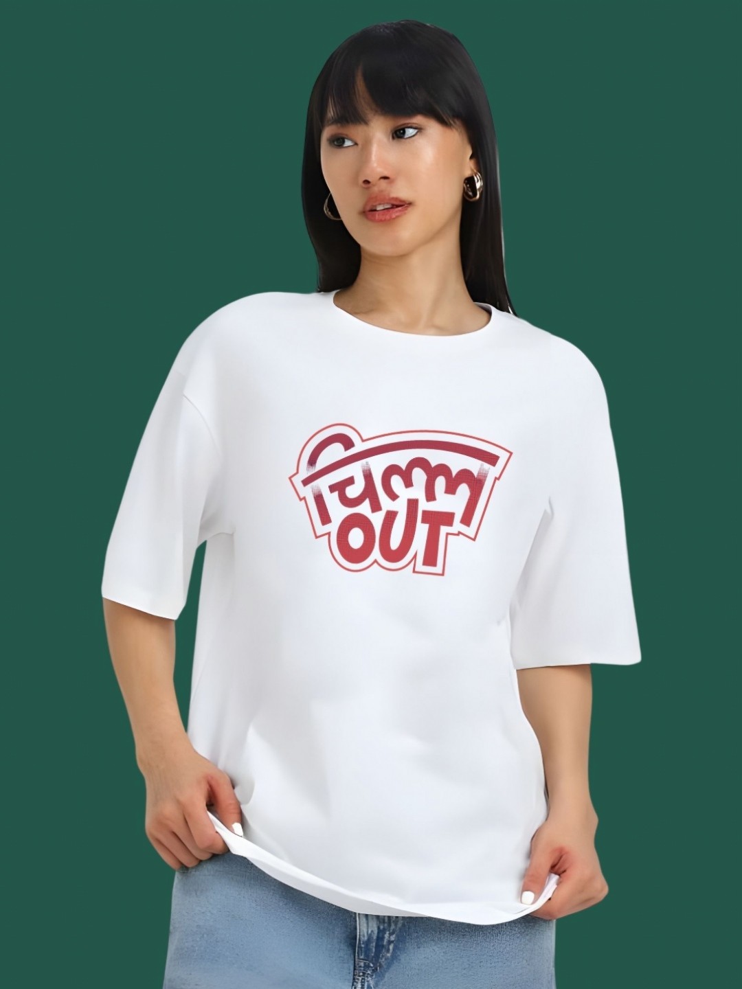 

DressBerry Women Typography Printed Round Neck Cotton Oversized T-shirt, White