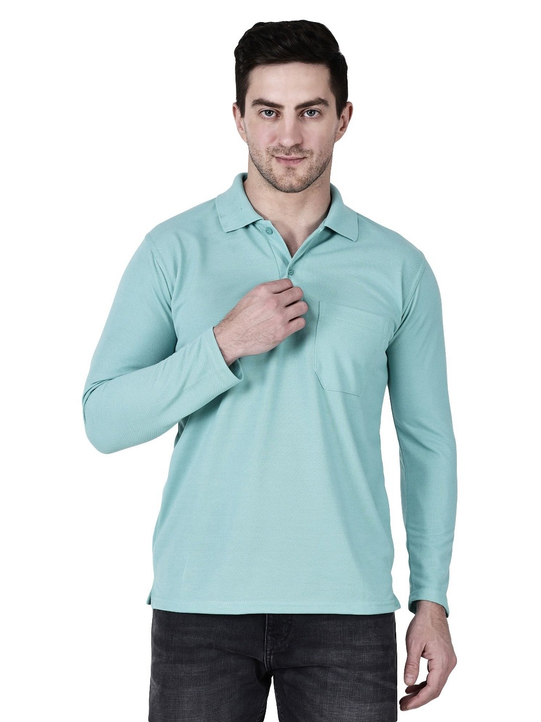 

SAIKSA FASHION Men Regular Fit Solid Polo Collar Cotton T-shirt, Turquoise blue