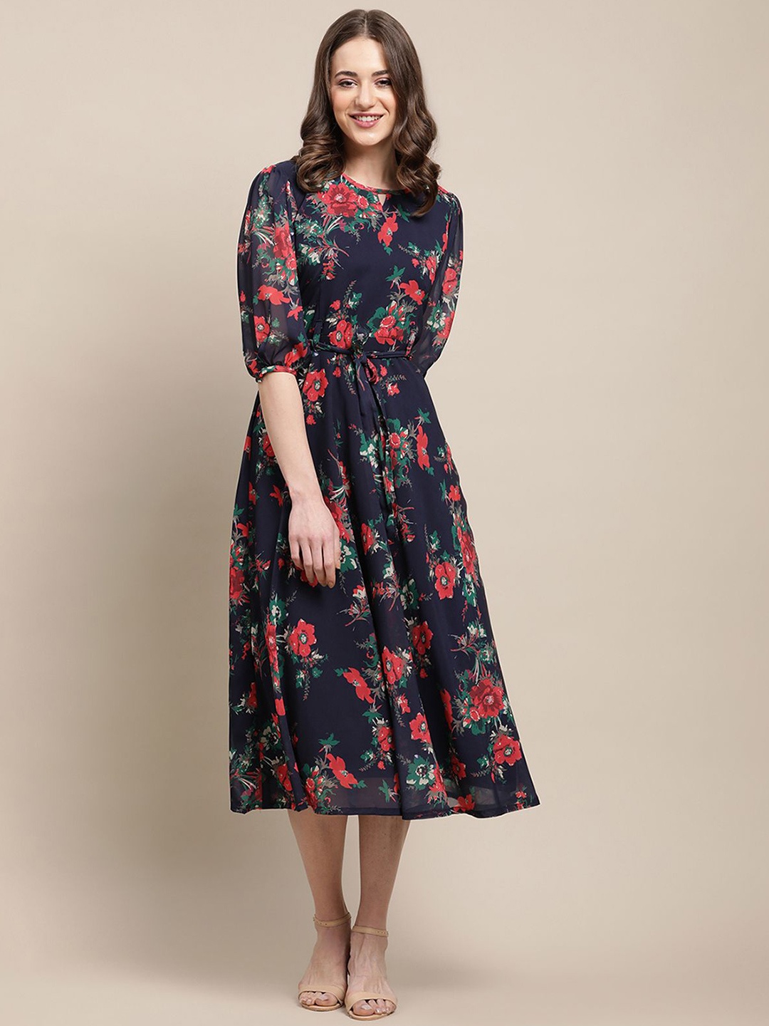 

Tromko Women Floral Print Fit & Flare Round Neck Midi Dress, Navy blue