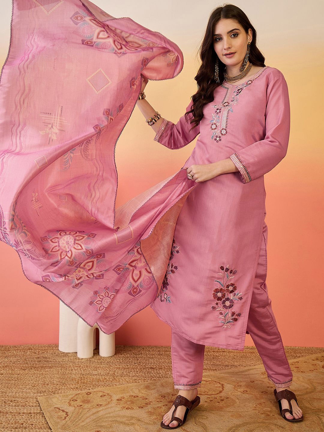 

Sangria Floral Embroidered Thread Work Straight Kurta With Trouser & Dupatta, Pink