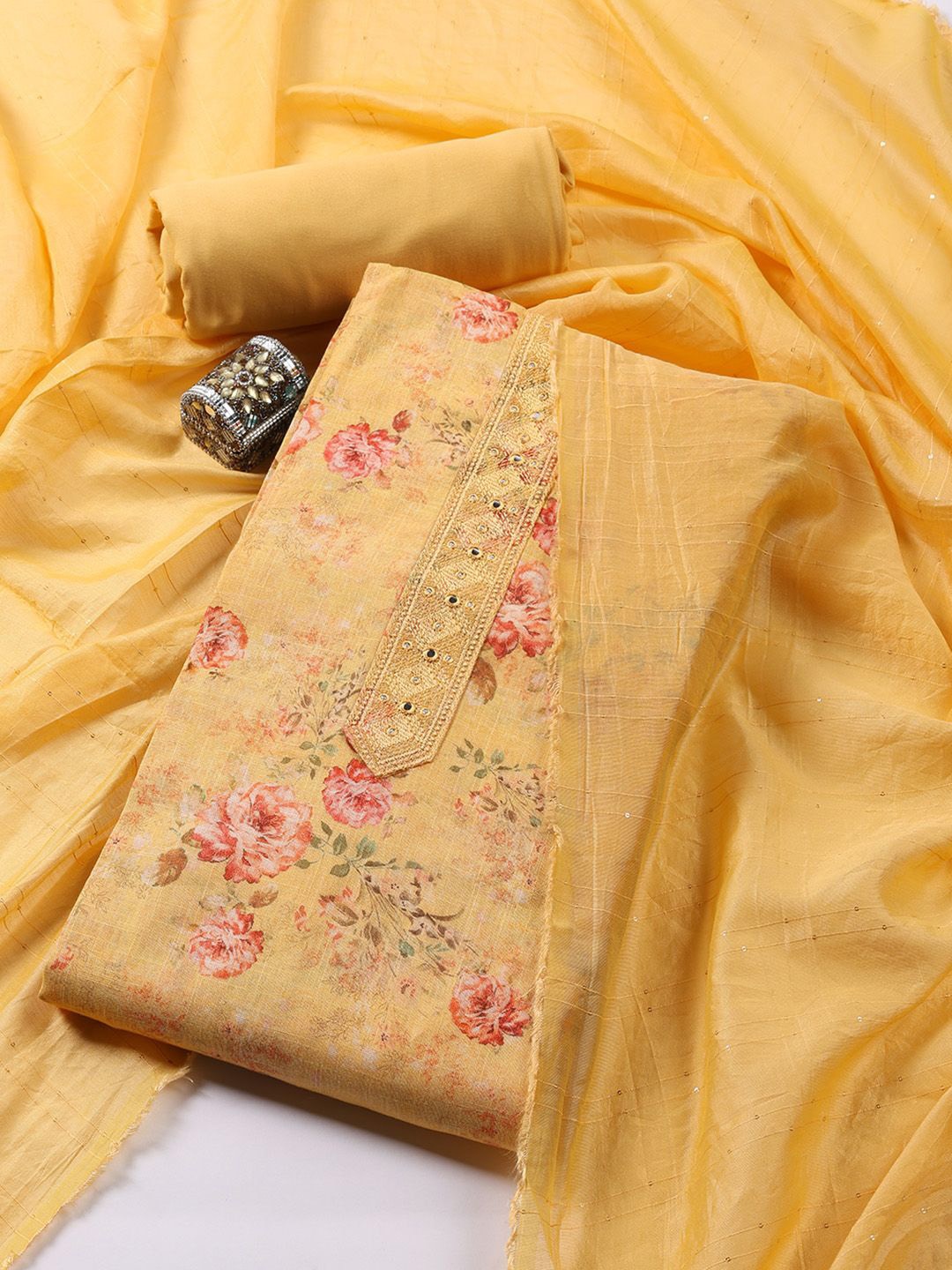 

Meena Bazaar Floral Embroidered Sequinned Linen Unstitched Dress Material, Yellow