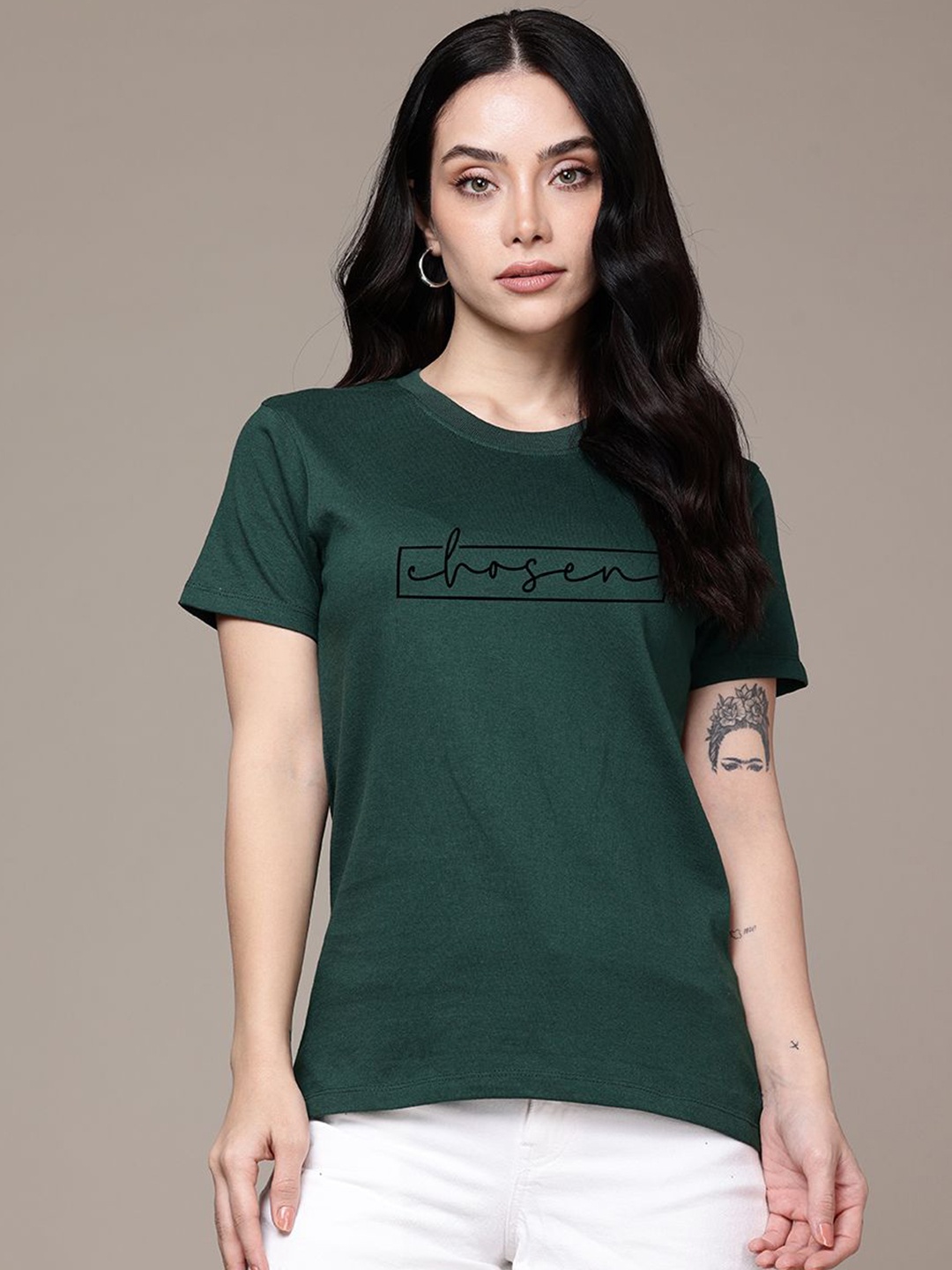 

Moda Rapido Women Typography Printed Round Neck Regular Fit Cotton T-shirt, Green