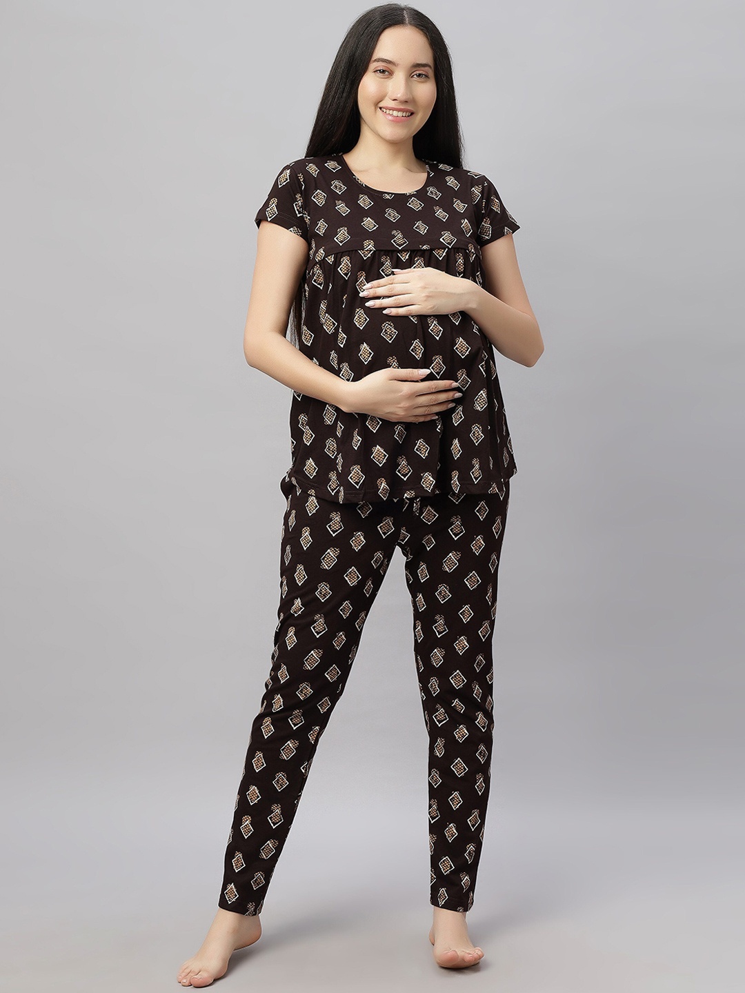 

DZZO Women Printed Night suit, Coffee brown