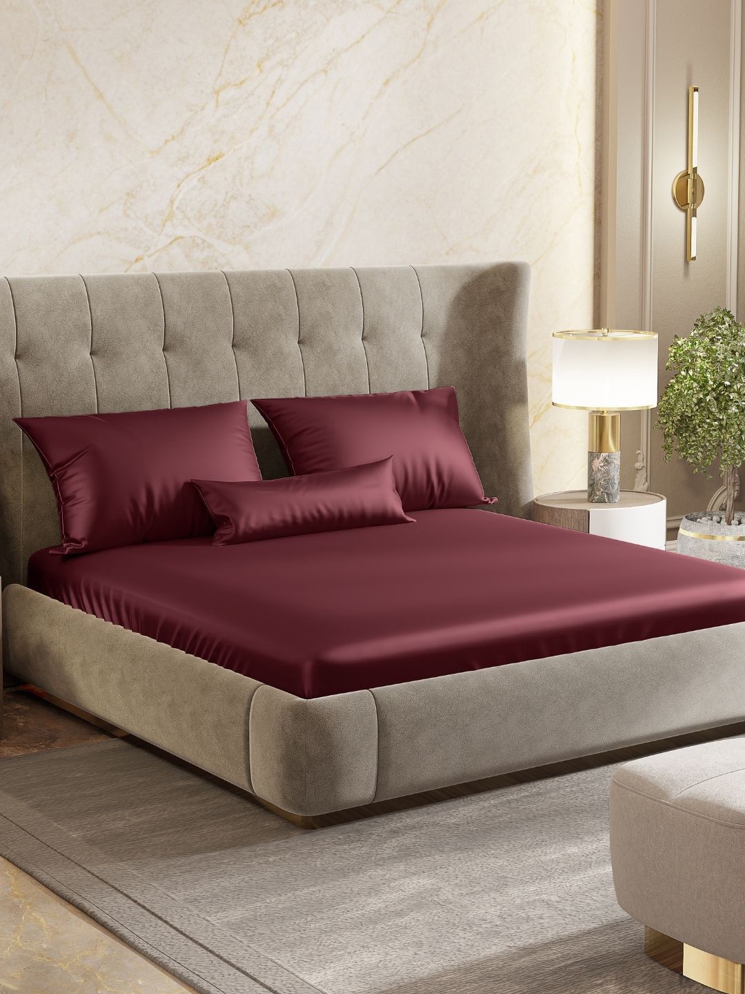 

haus & kinder Maroon Satin Fitted 300 TC Queen Bedsheet Set 1.82 m x 1.98 m x 25.4 cm