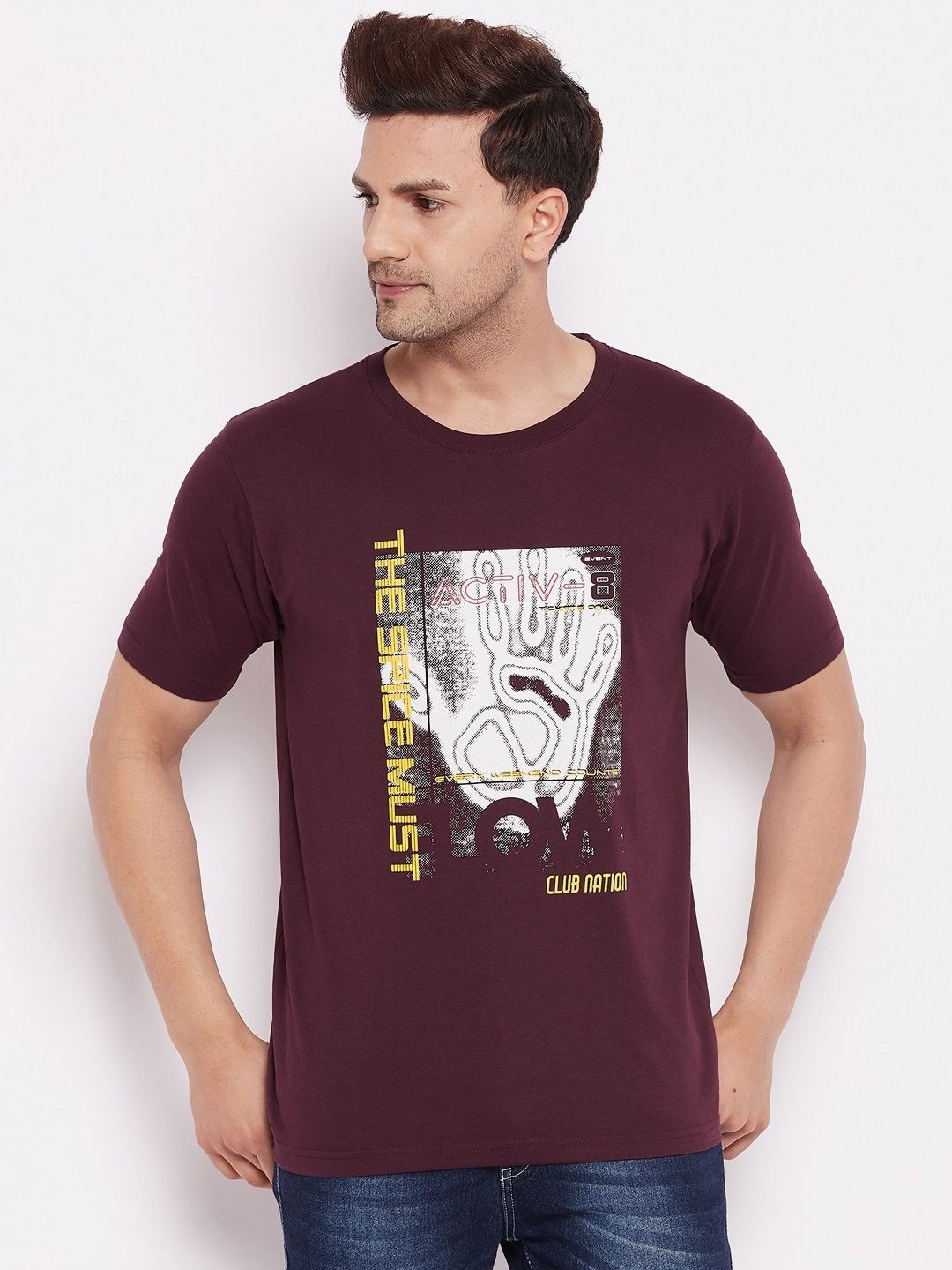 

LYCOS Men Graphic Printed Round Neck Cotton T-shirt, Burgundy