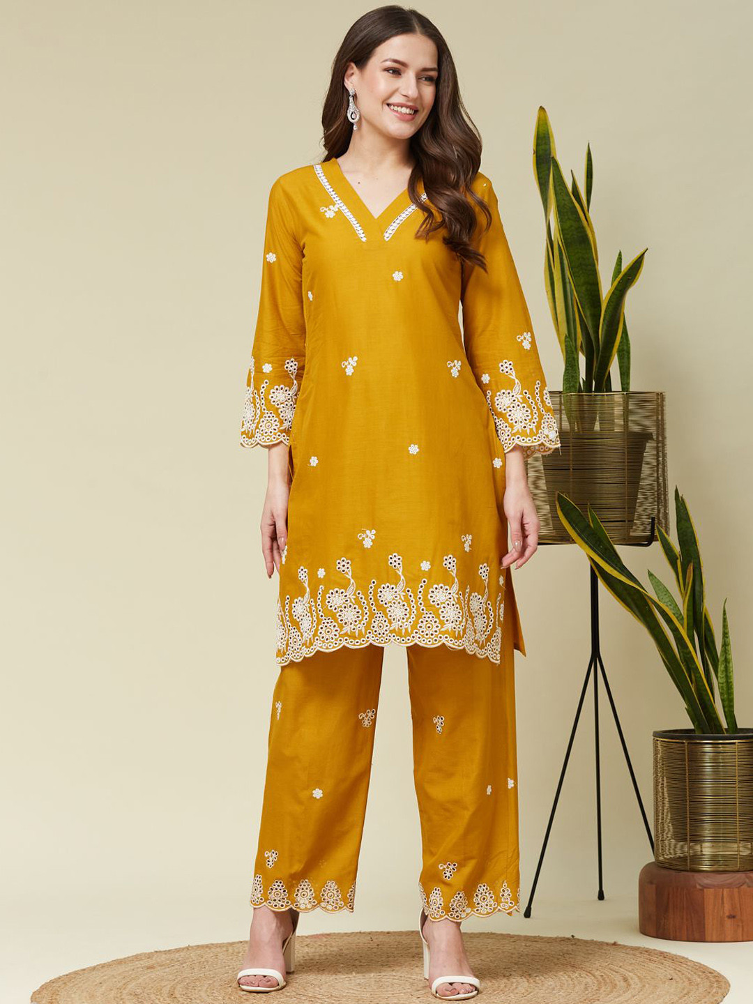 

MOKOSH Floral Embroidered V-Neck Thread Work Pure Cotton Straight Kurta With Trousers, Mustard