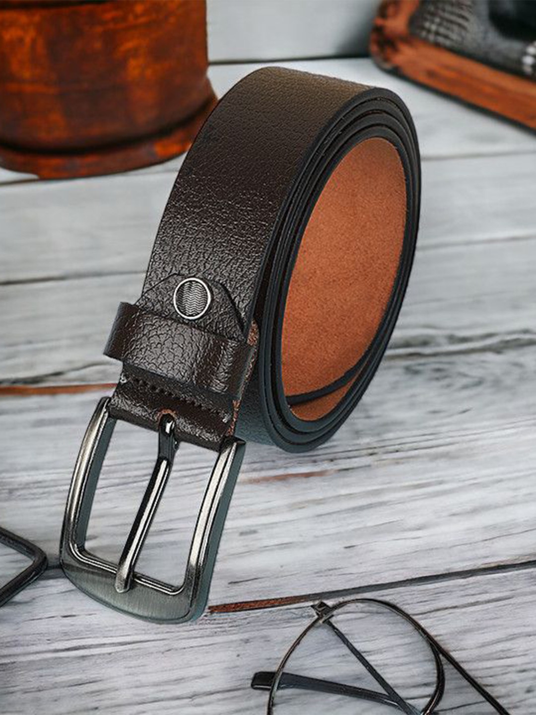 

Metronaut Men Textured Leather Formal Belt, Brown