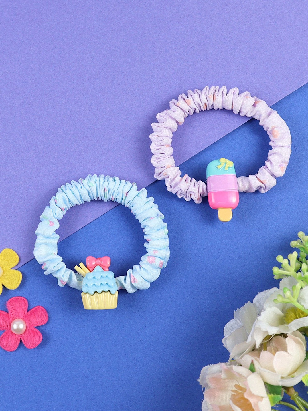 

Asthetika Kids Girls Set of 2 Ponytail Holders with Ice-Cream & Cake Charms, Blue