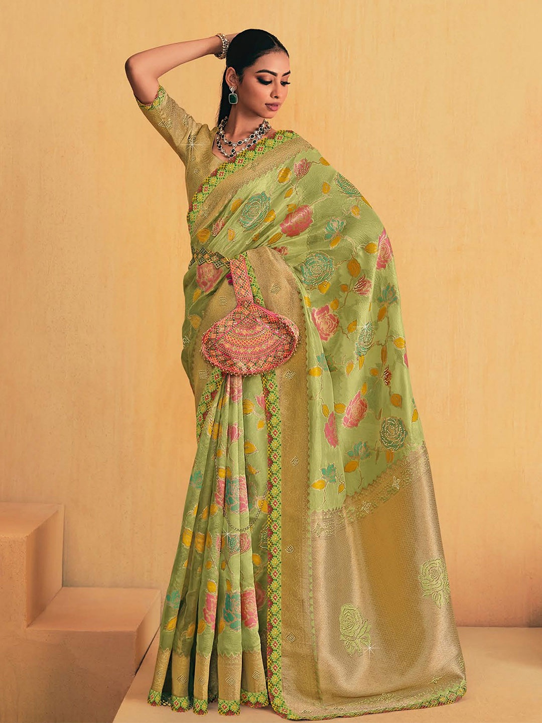 

MAHALASA Floral Beads and Stones Art Silk Saree, Green