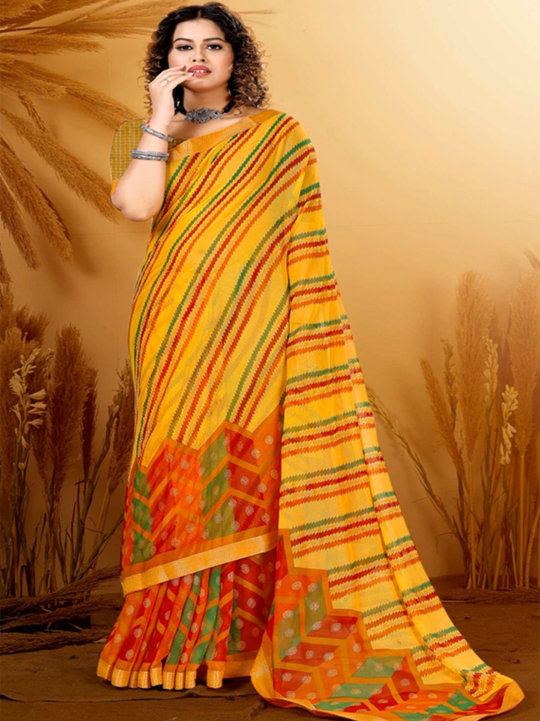 

SHOPPKEE Striped Beads and Stones Poly Chiffon Designer Banarasi Saree, Yellow