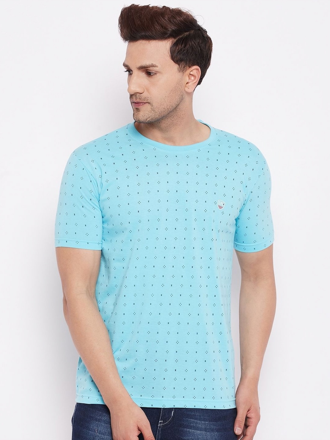 

LYCOS Men Geometric Printed Round Neck Cotton T-shirt, Turquoise blue