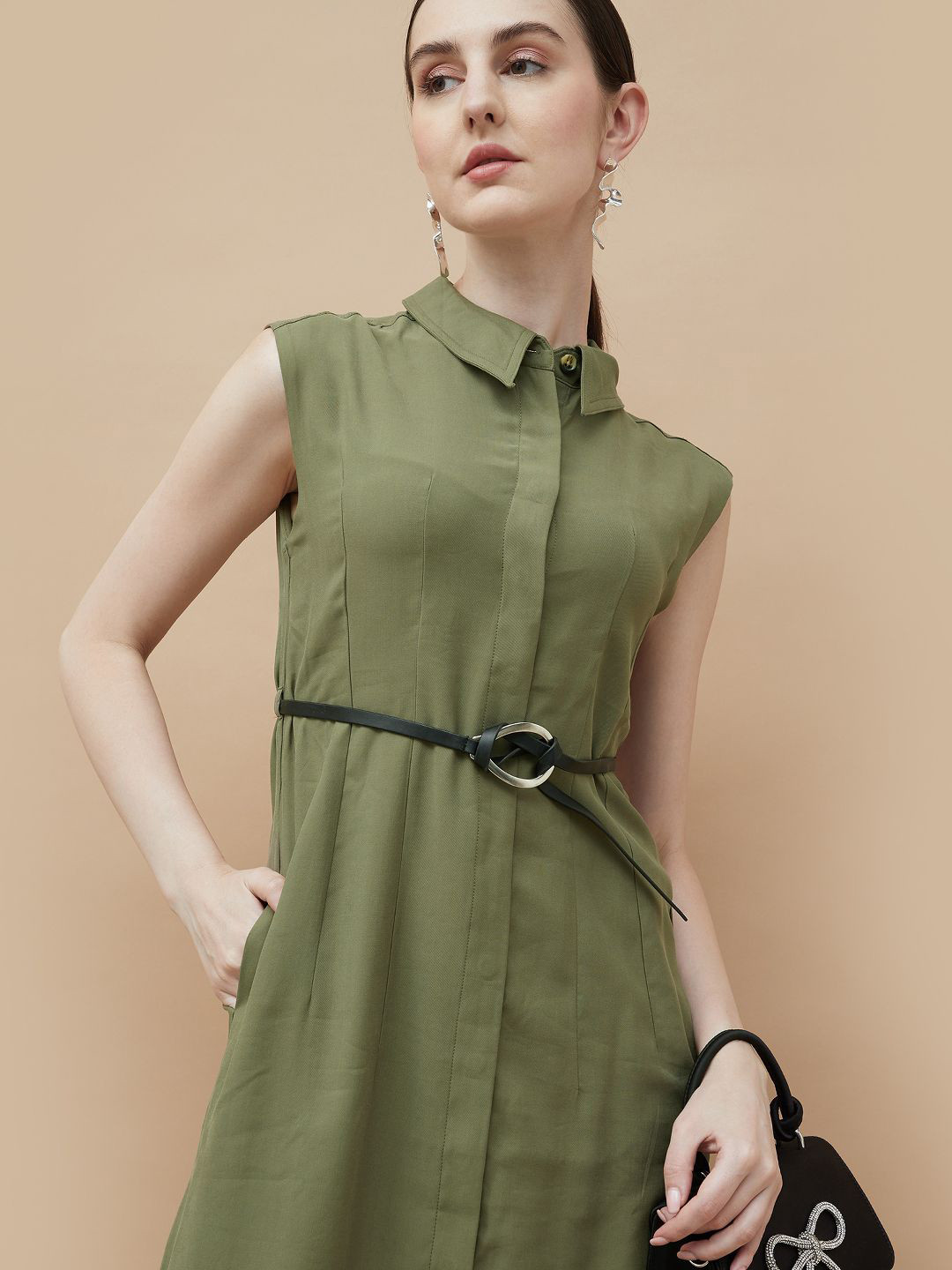 

CODE by Lifestyle Shirt Collar Belted Shirt Midi Dress, Olive