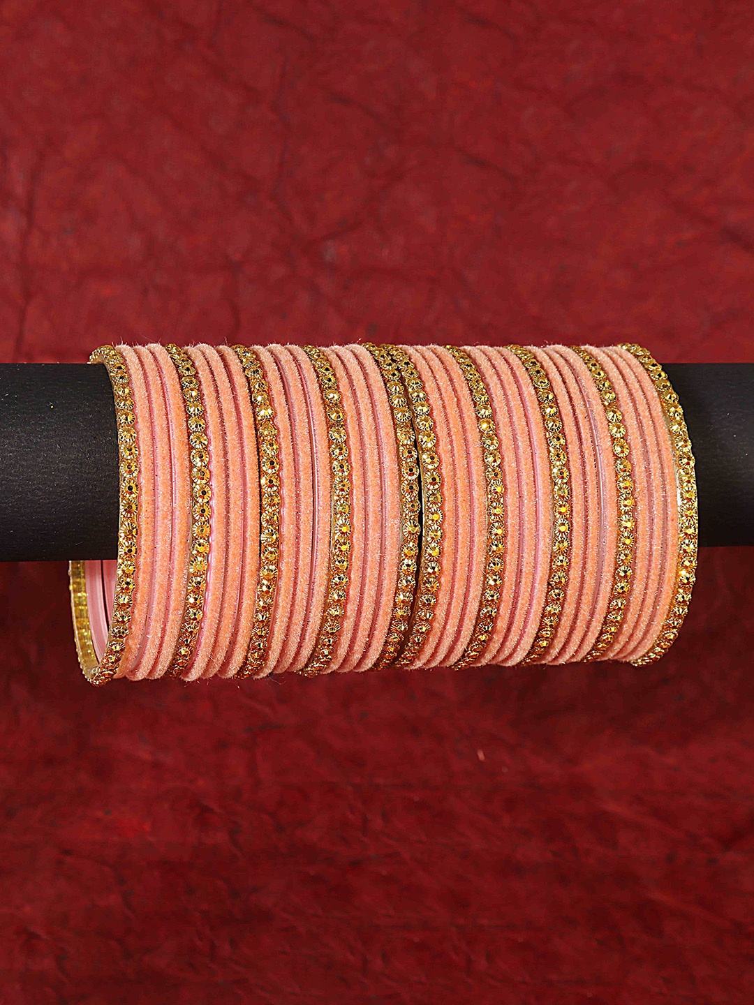

ZULKA Set Of 34 Stylish Glass & Golden Beads Velvet Bangles, Gold