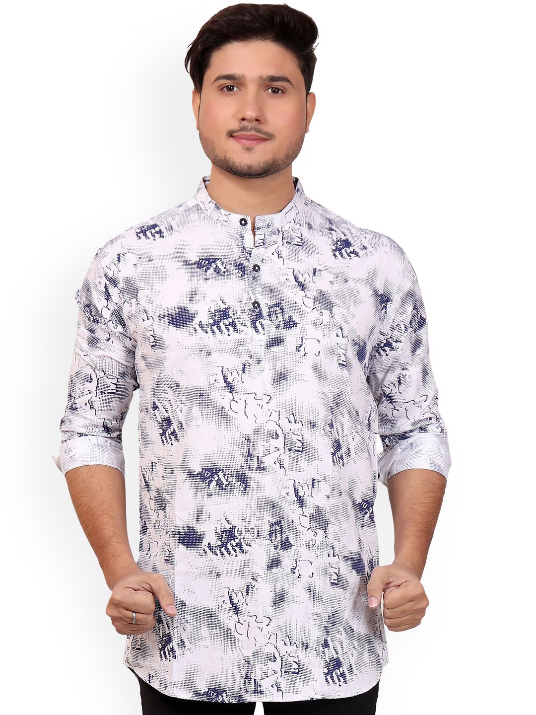 

MADE IN THE SHADE Abstract Printed Band Collar Pure Cotton Straight Kurta, White