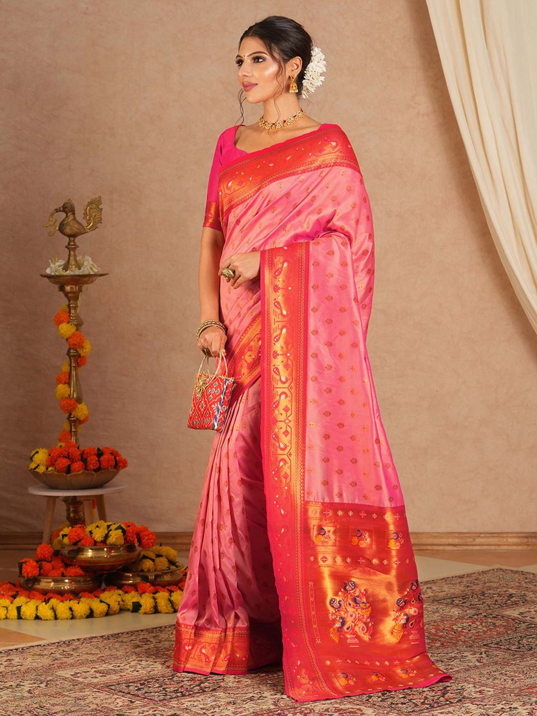 

Anouk Ethnic Motifs Zari Silk Blend Paithani Saree, Pink