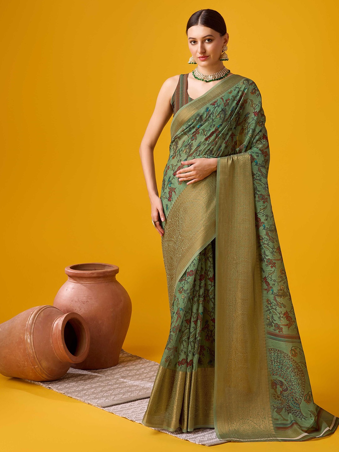 

DIVASTRI Kalamkari Zari Saree, Green