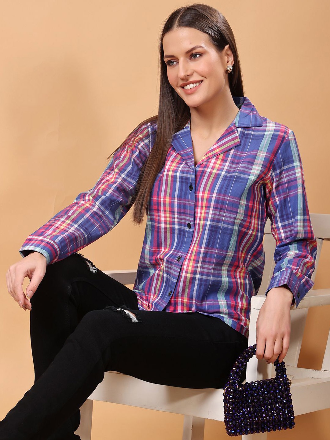 

Moda Rapido Women Classic Windowpane Checks Semi Sheer Checked Formal Shirt, Purple