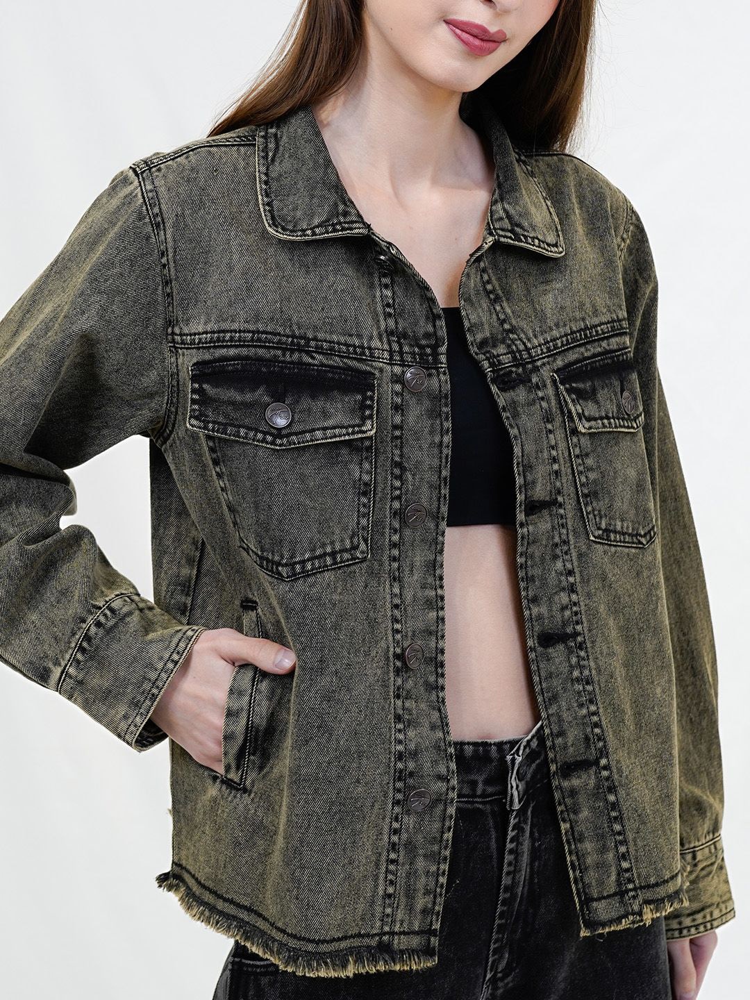 

COSMIC TRIO Women Solid Pure Cotton Lightweight Denim Jacket, Black