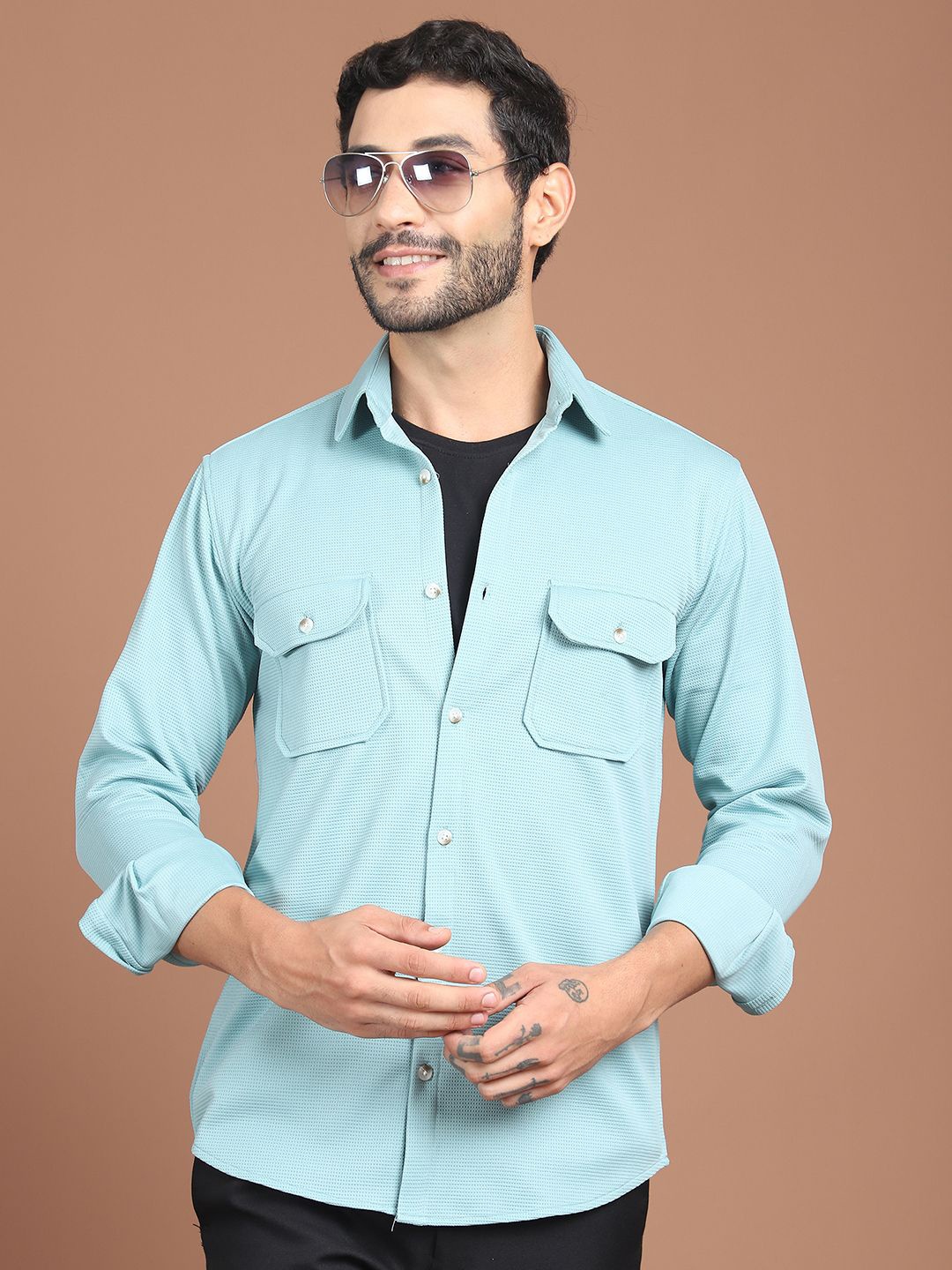 

Indian Needle Men Classic Fit Spread Collar Textured Cotton Casual Shirt, Blue