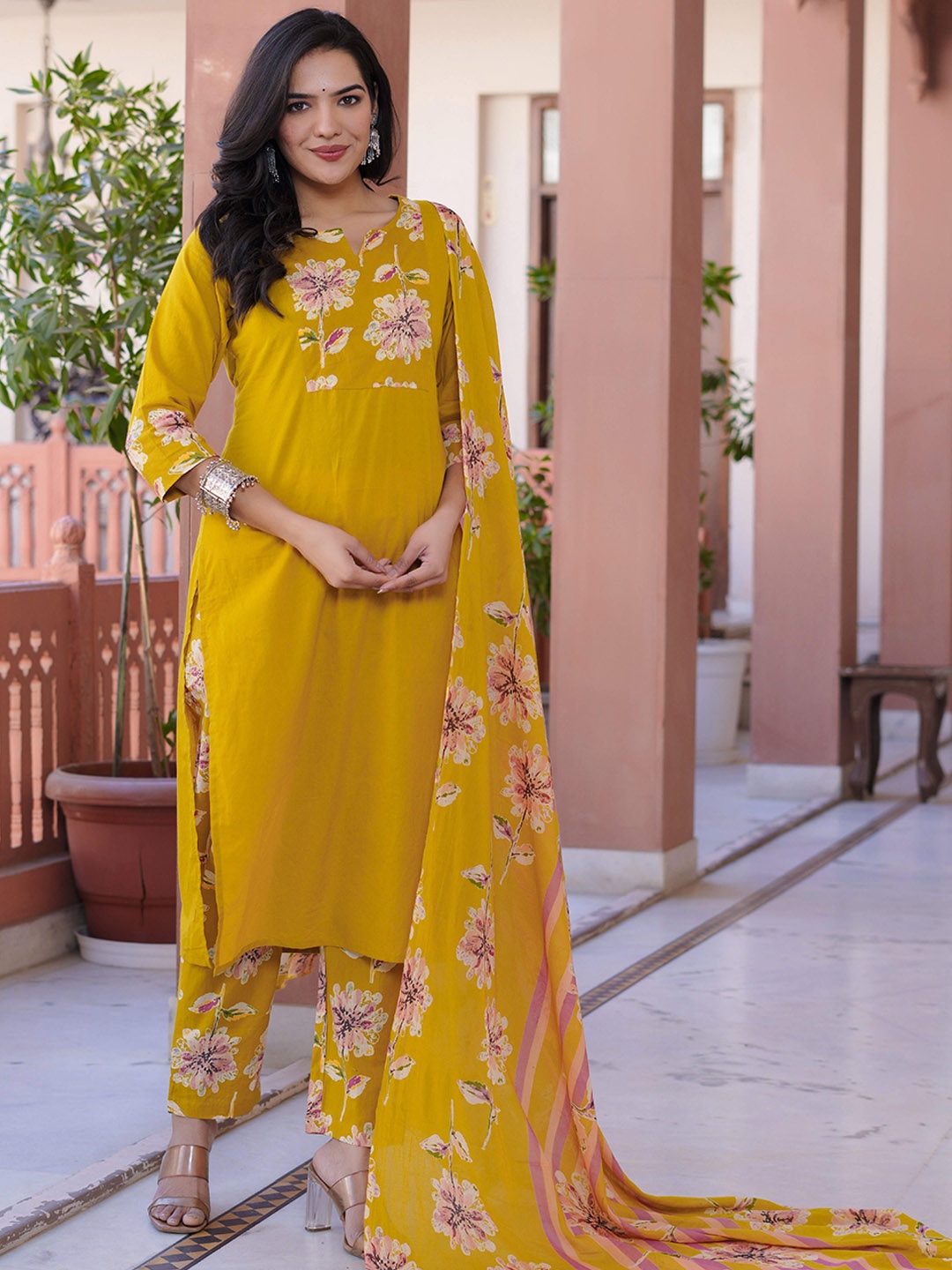 

ZOYOTO Floral Printed Notch Neck Straight Kurta With Trousers & Dupatta, Mustard