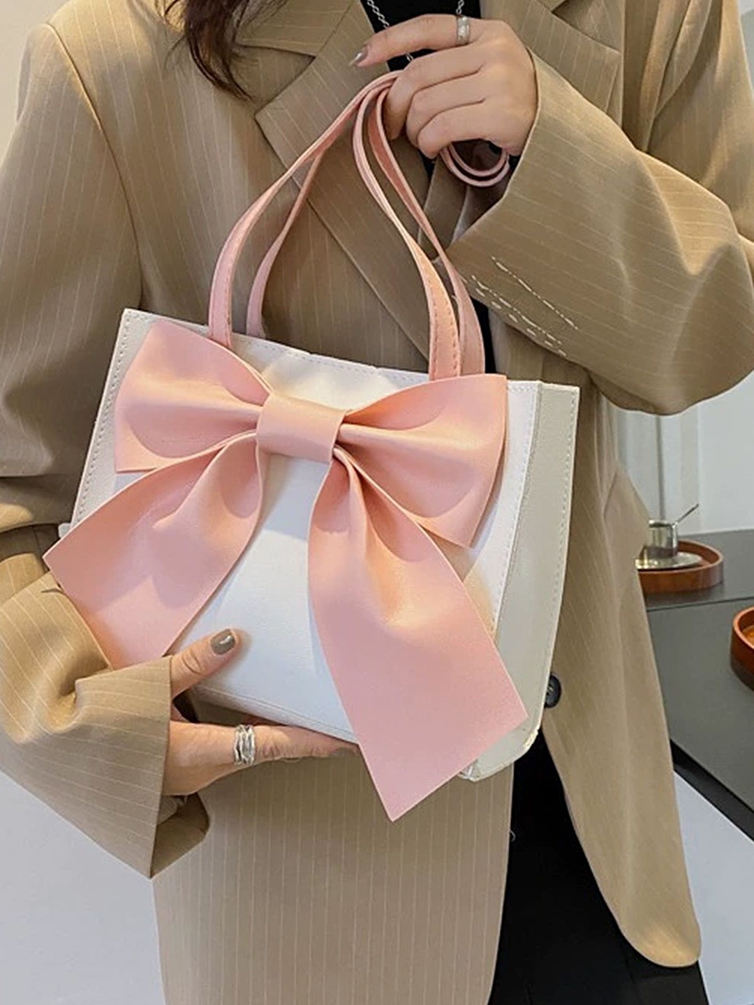 

LULU & SKY Colourblocked PU Shopper Satchel with Bow Detail, Pink