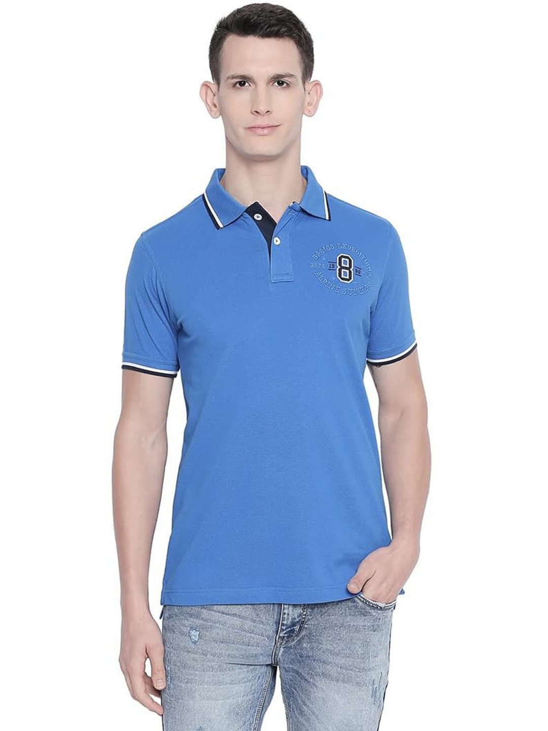 

Basics Men Typography Printed Polo Collar Cotton T-shirt, Blue