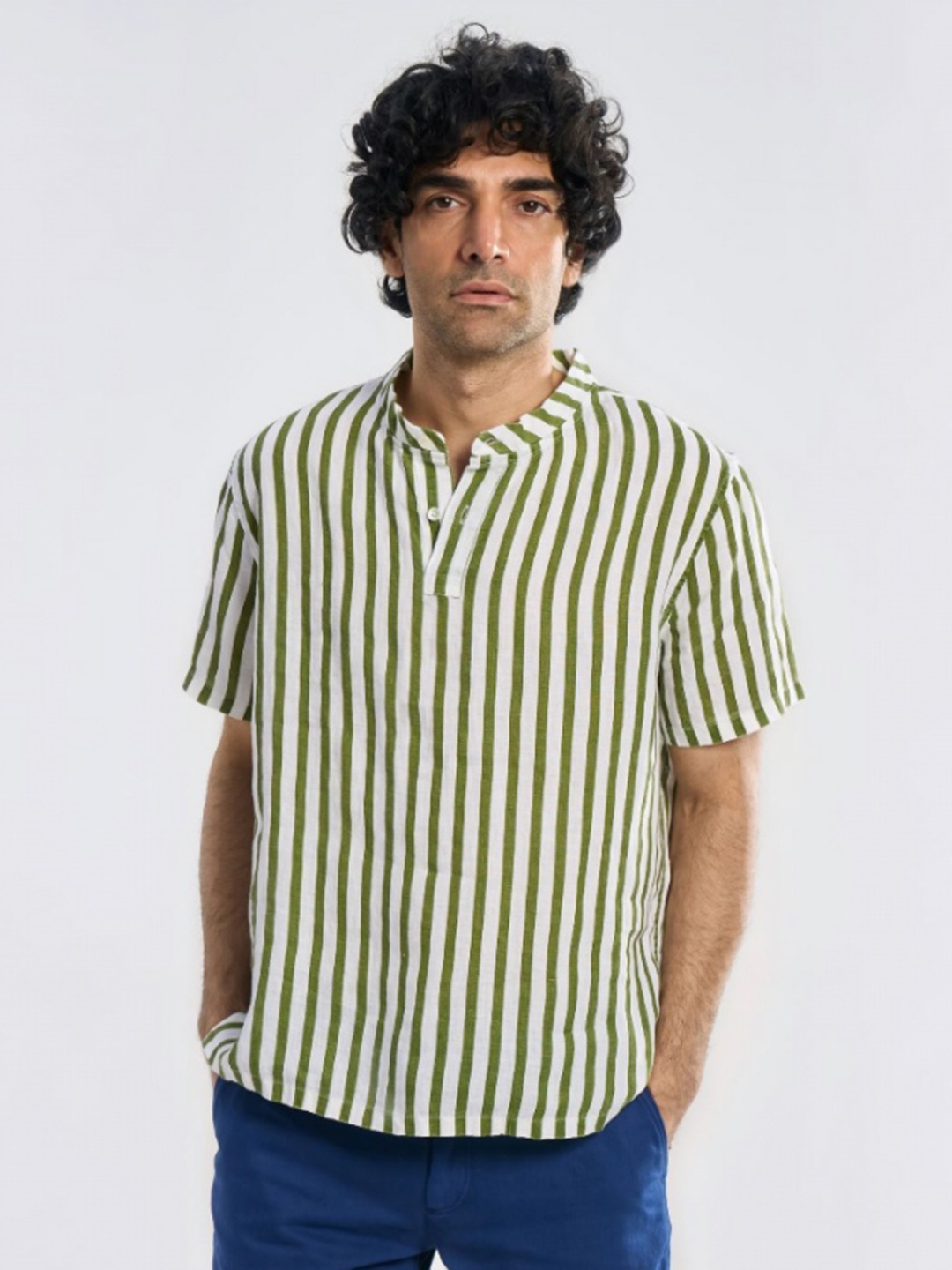 

Terra Luna Men Striped Mandarin Collar Cotton T-shirt, Green