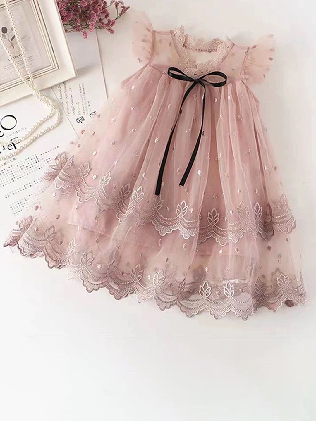

LULU & SKY Embellished Flutter Sleeve Fit & Flare Dress, Pink
