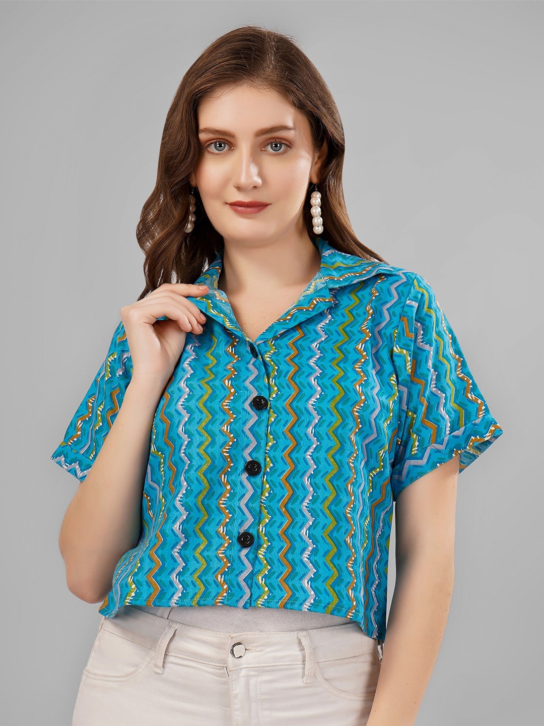 

Milastru Cotton Printed Party Crop Shirt, Blue