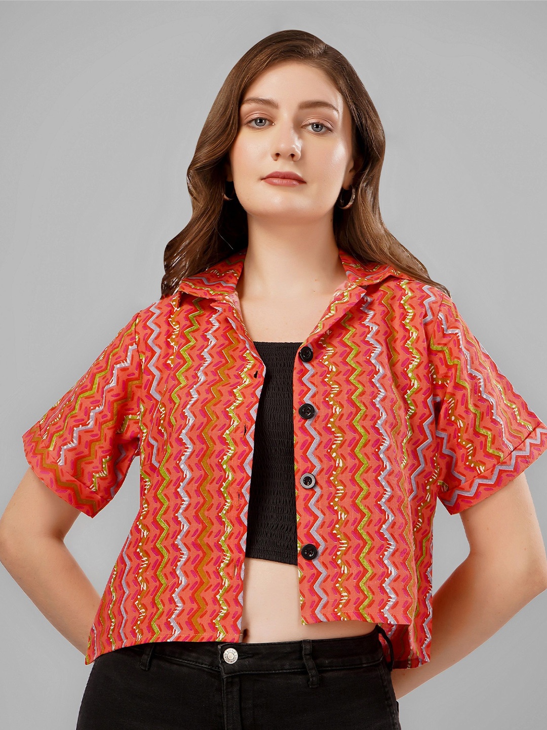 

Milastru Cotton Printed Party Crop Shirt, Red