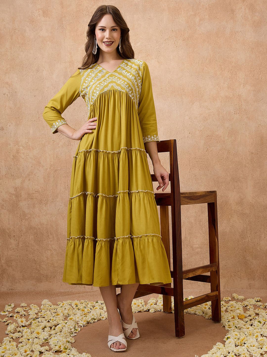 

Globus V-Neck Floral Embroidered Yoke Flared Hem Tiered Alia Cut A-Line Midi Ethnic Dress, Green