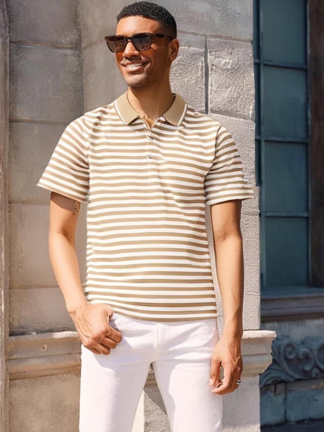 

MACK JONNEY Men Striped Polo Collar Cotton T-shirt, Khaki