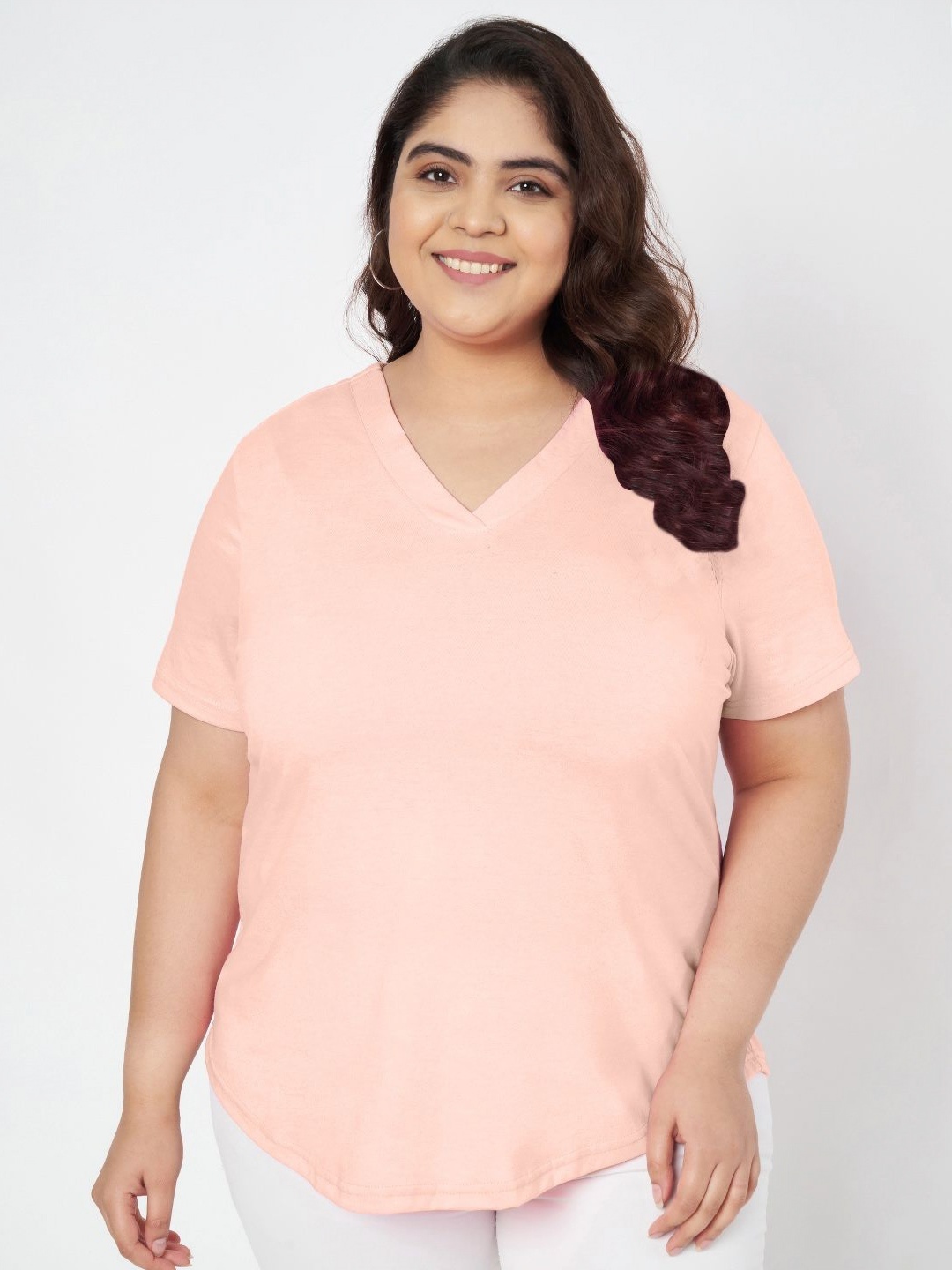 

BRINNS Women Plus Size Solid V-Neck Cotton T-shirt, Pink