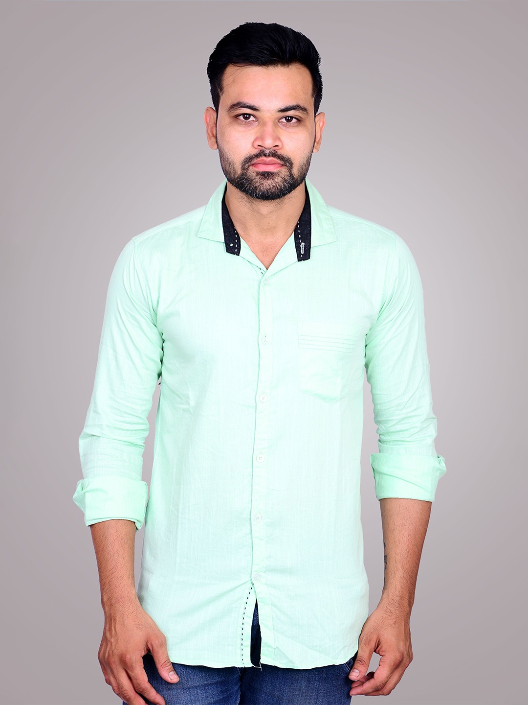 

LA MILANO Men India Slim Fit Spread Collar Solid Cotton Casual Shirt, Green