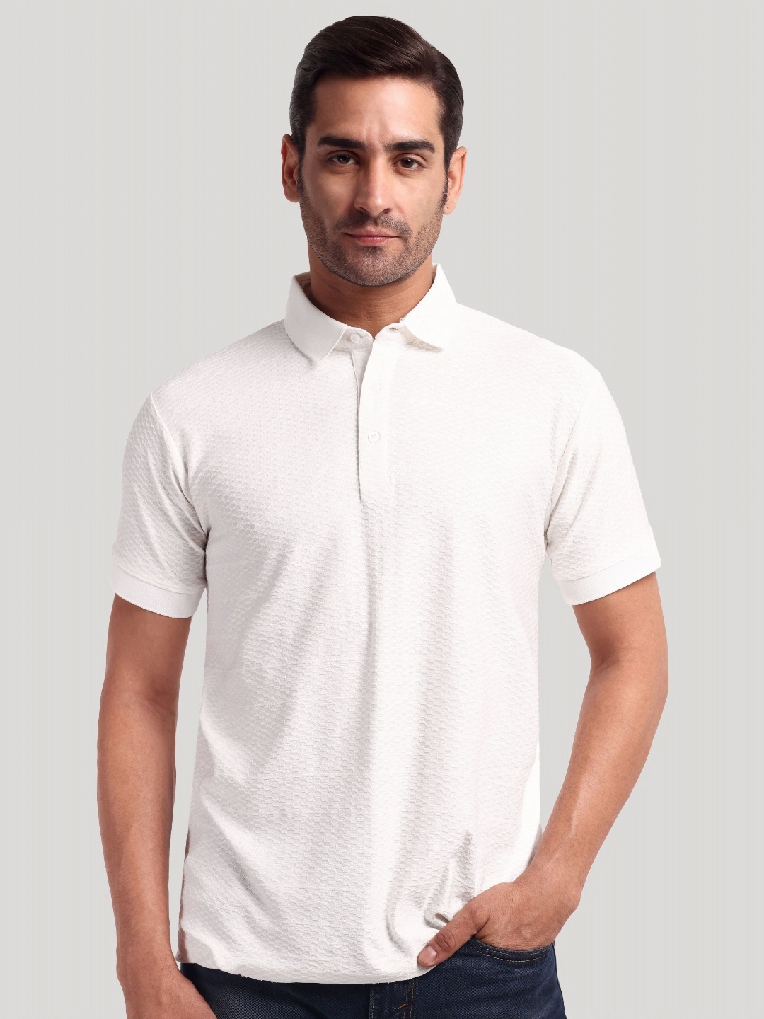 

Moda Rapido Men Self Design Polo Collar Cotton T-shirt, White
