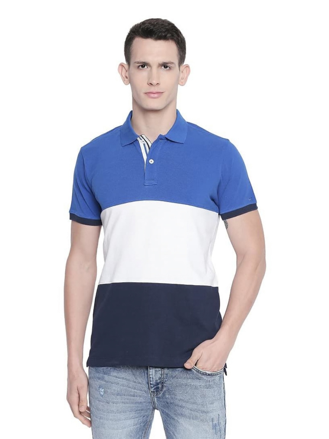 

Basics Men Colourblocked Polo Collar Cotton T-shirt, Blue
