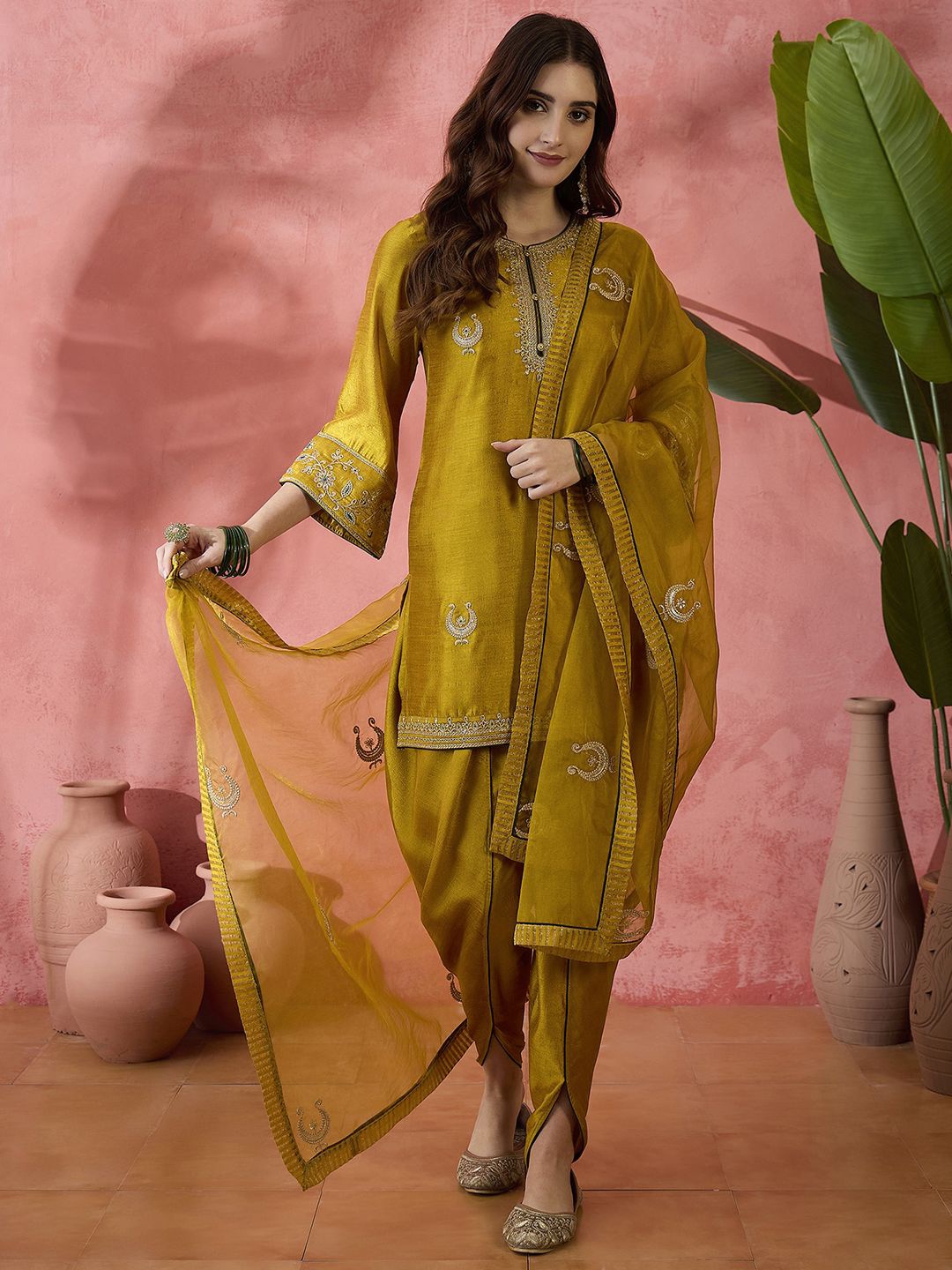 

Sangria Floral Embroidered Flared Sleeves Zari Straight Kurti With Dhoti Pant & Dupatta, Mustard