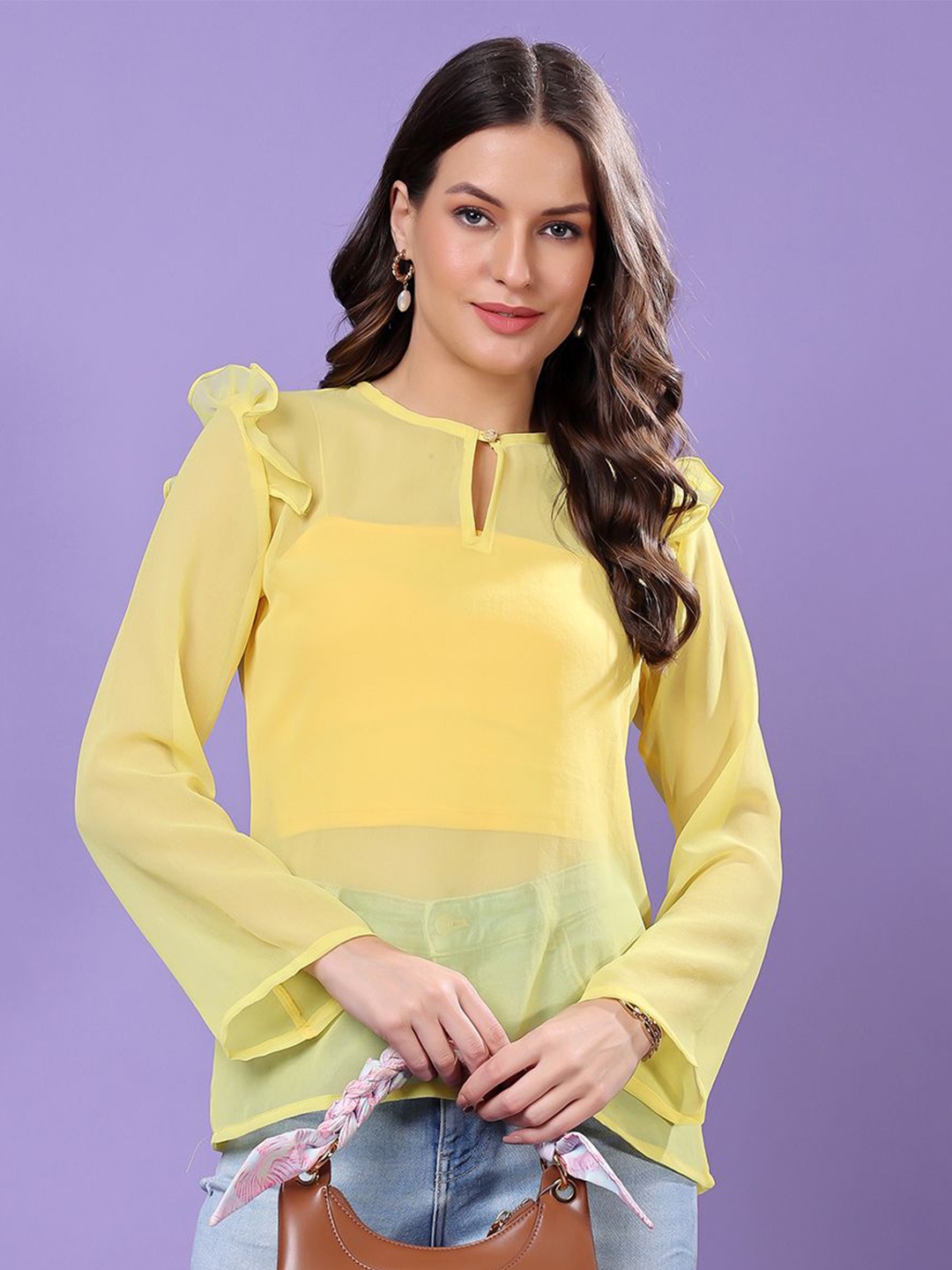 

Moda Rapido Print Keyhole Neck Flared Sleeve Chiffon Tube Top, Yellow