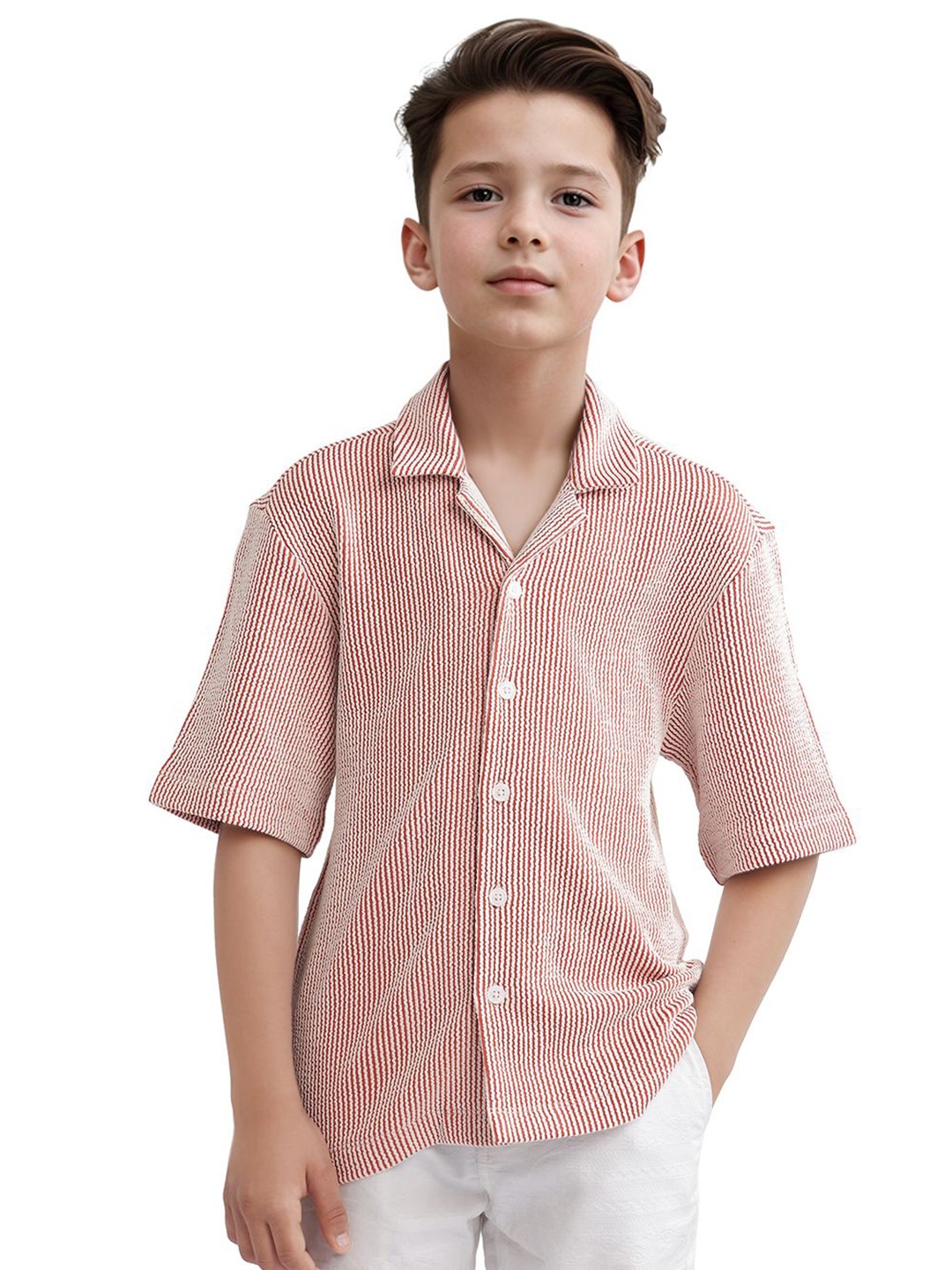 

RARE ONES Boys Relaxed Fit Cuban Collar Vertical Striped Cotton Casual Shirt, Rust