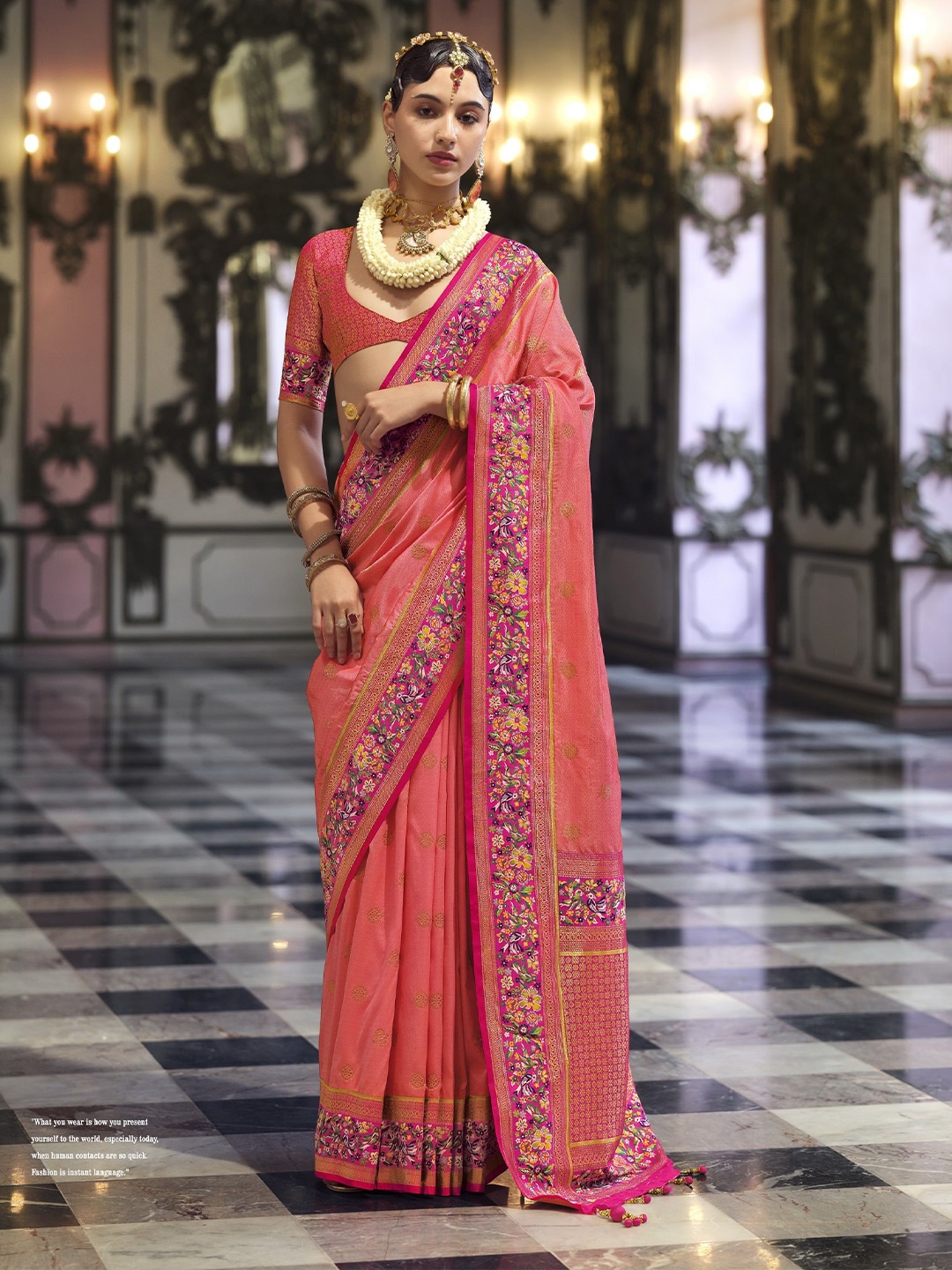 

MAHALASA Woven Design Zari Pure Silk Kanjeevaram Saree, Peach