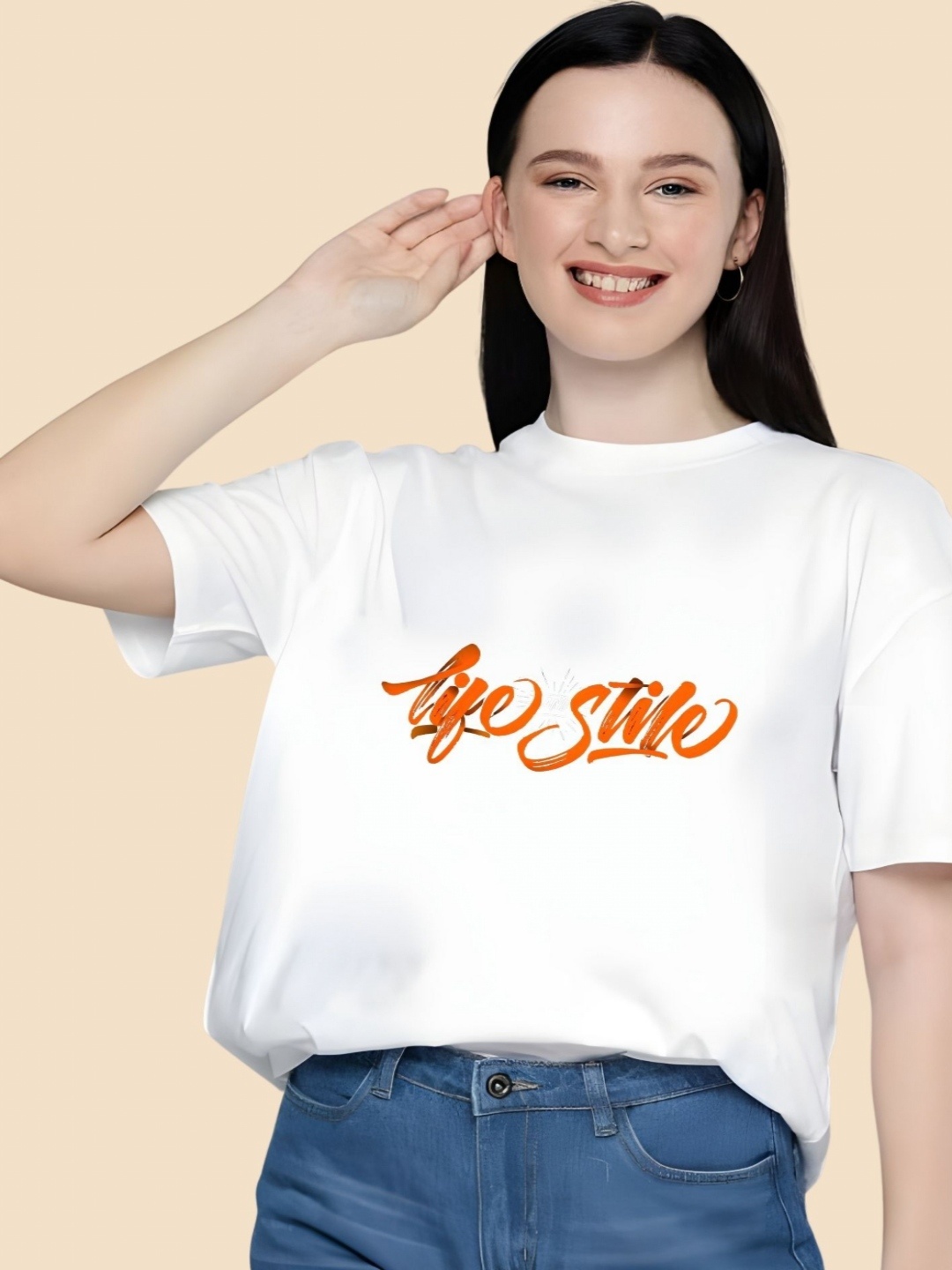 

SZN Women Typography Printed Round Neck Cotton Oversized T-shirt, White