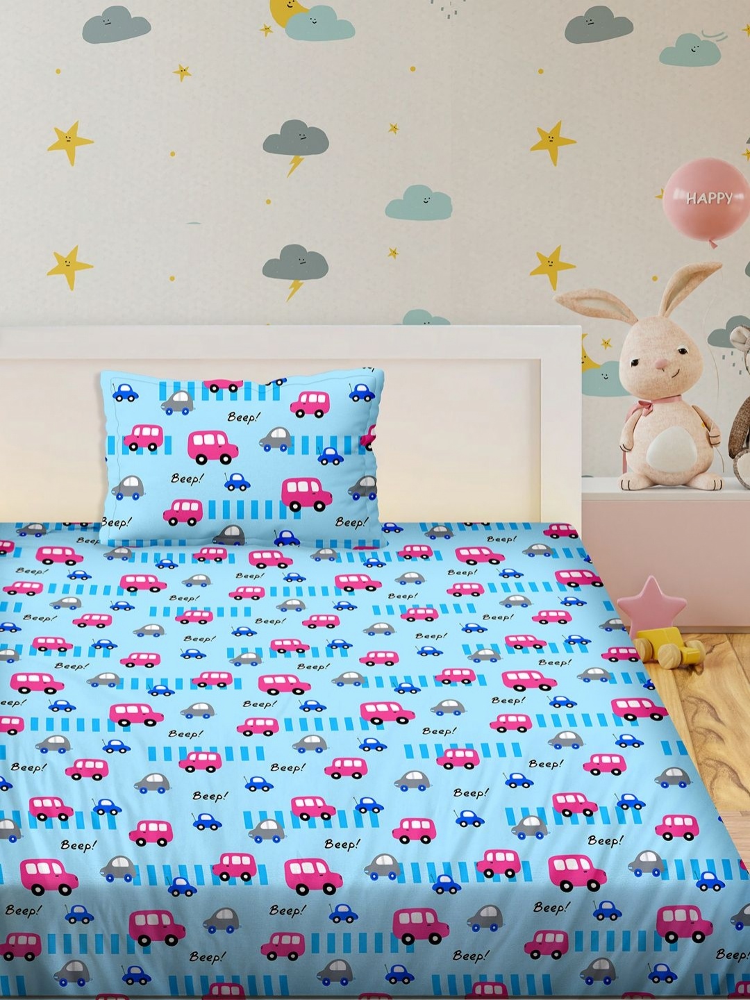 

Myntra Elegant Homes Blue Printed 210 TC Pure Cotton Single Bedsheet Set 1.52 m x 2.28 m