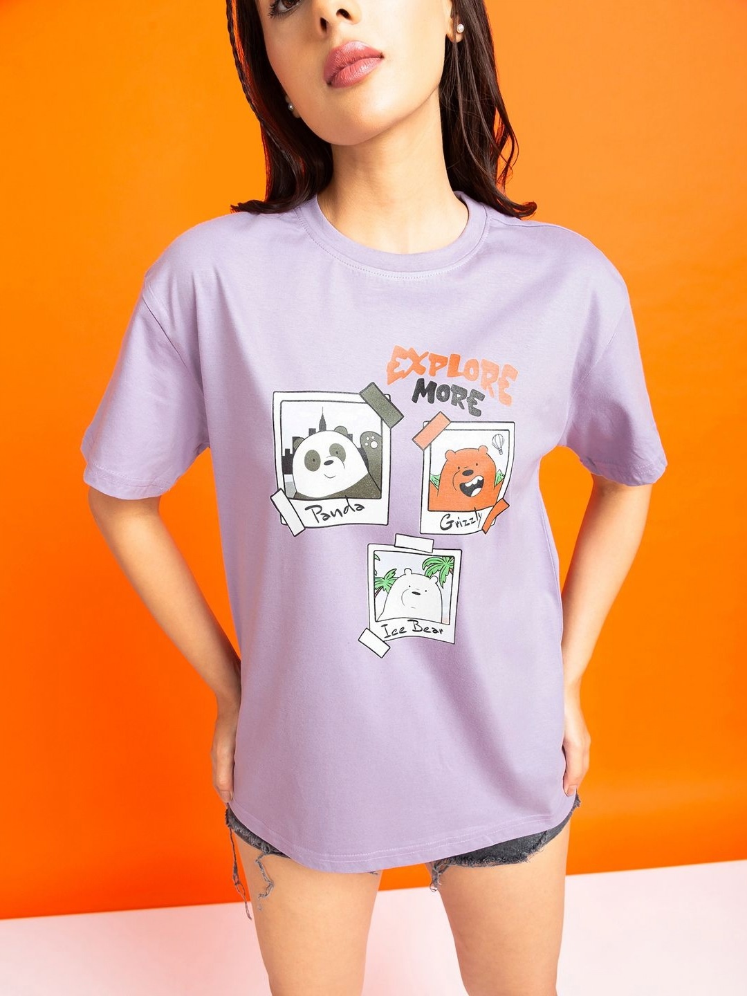 

Mast & Harbour Women Graphic Printed Round Neck Cotton T-shirt, Lavender